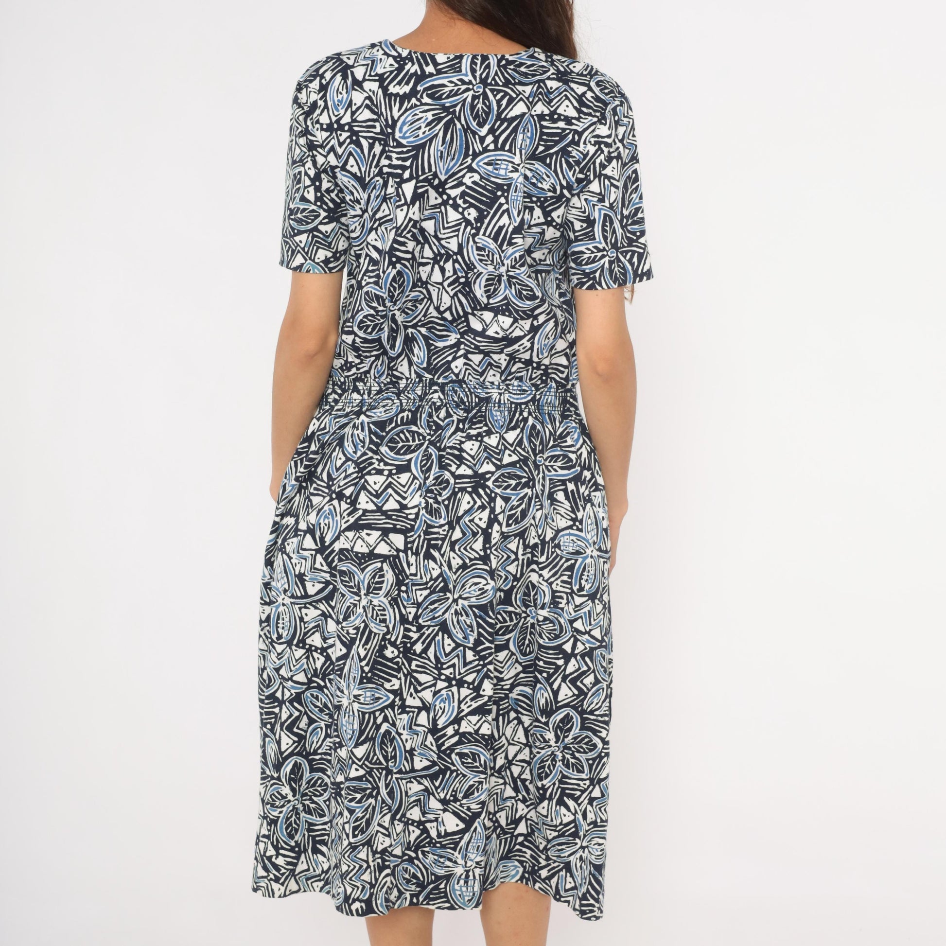 90s Via Sant Andrea Navy Floral Midi Dress Cotton Henley Button Short Sleeve Large L