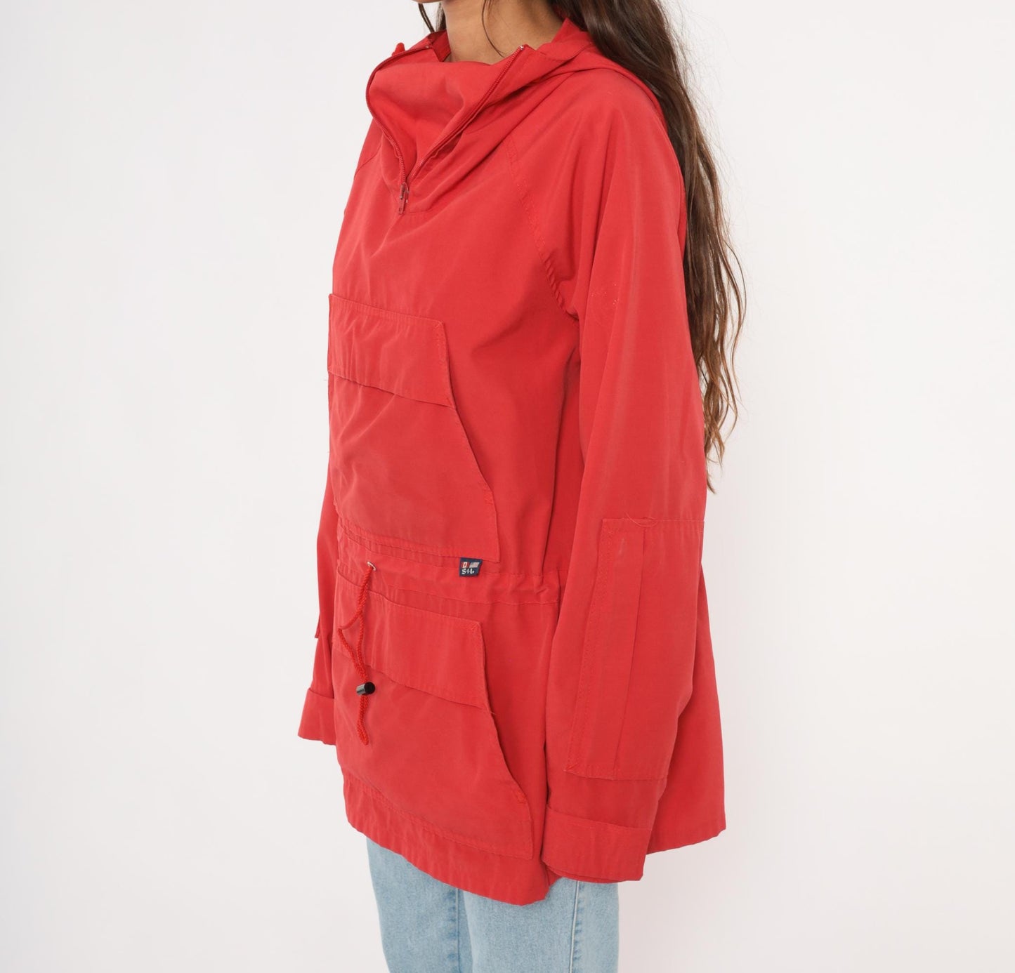 80s Red Anorak Pullover Half-Zip Windbreaker Kangaroo Pocket Jacket Extra Large