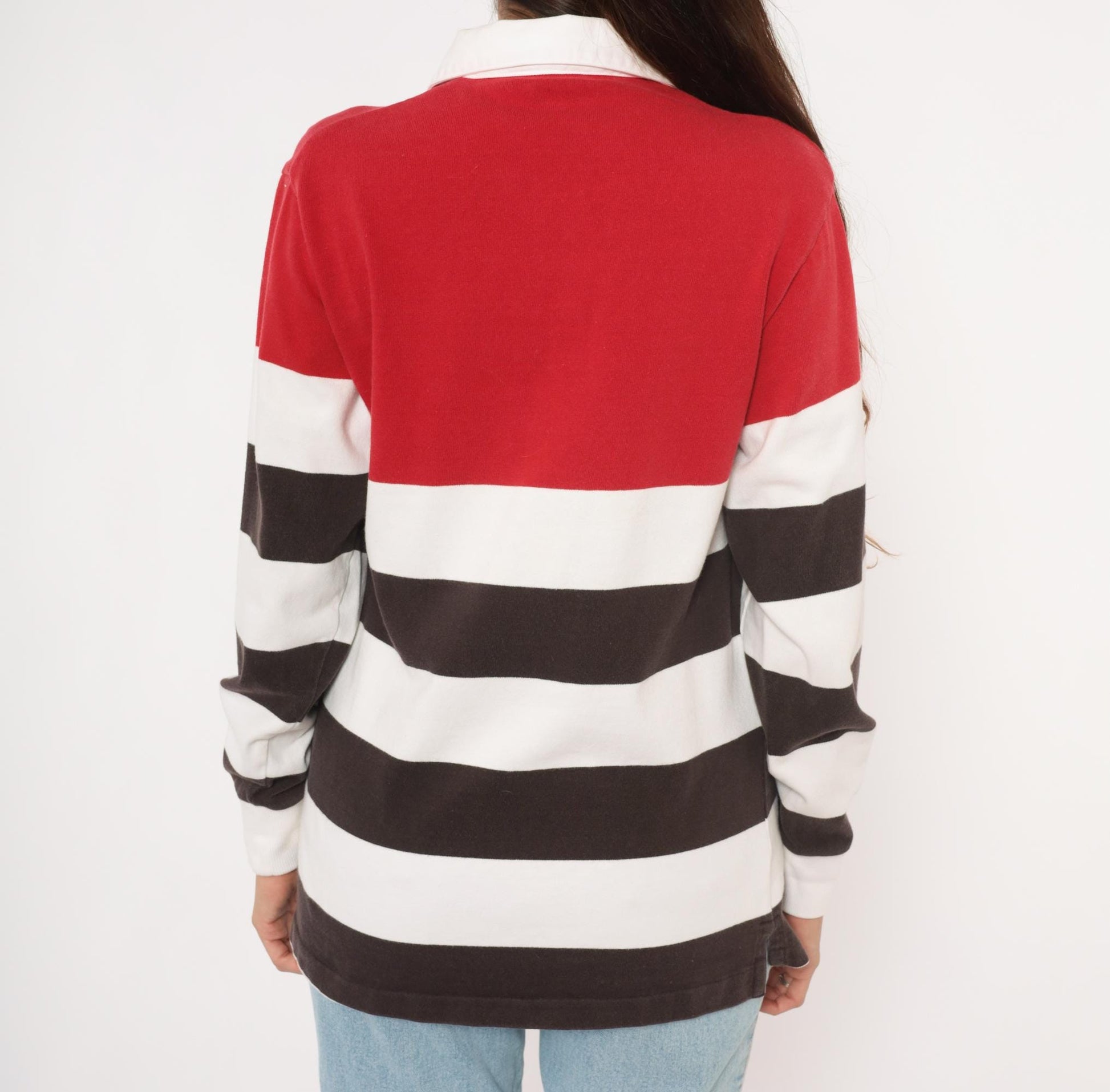 90s Cambridge Classics Rugby Shirt Striped Red White Brown Cotton Small