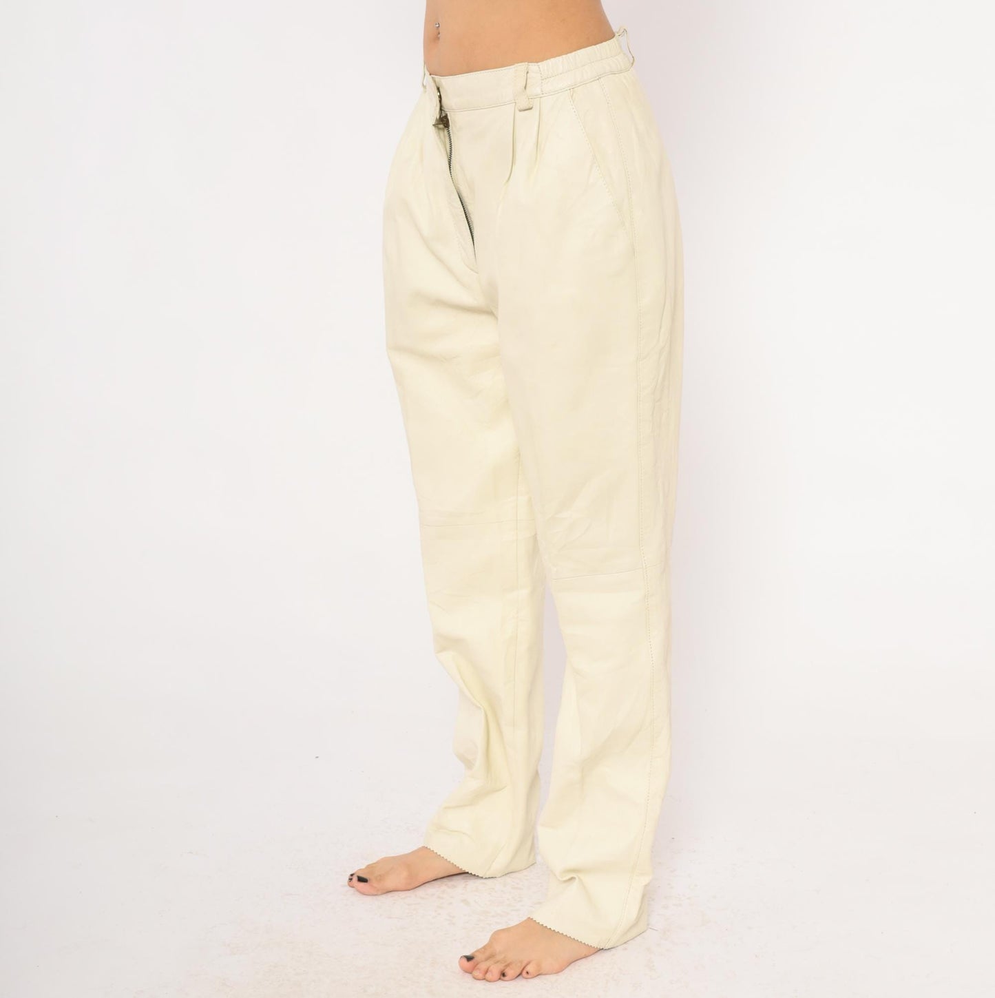 80s Masart Cream Leather Pants Pleated Front Straight Leg Mid-Rise Size 16