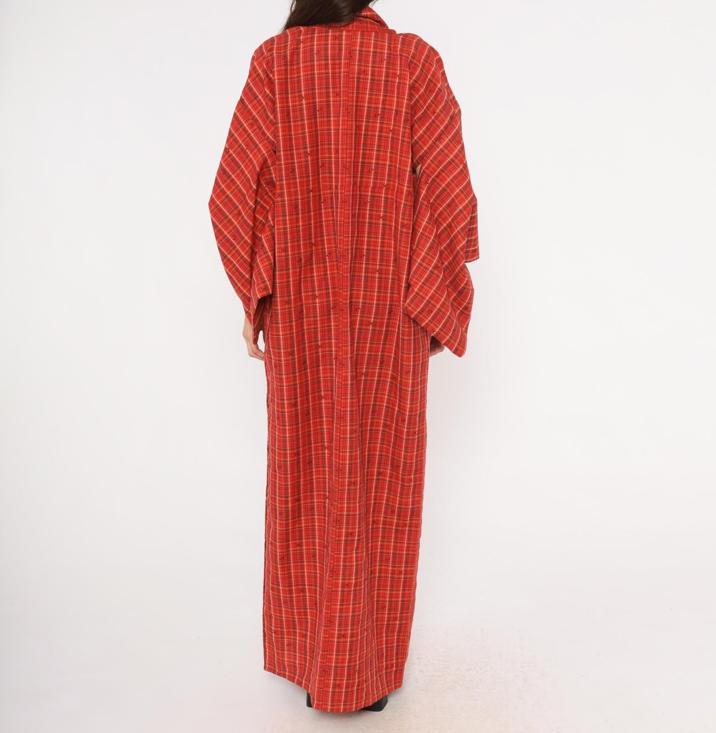 70s Red Plaid Wool Kimono Robe Floor Length Open Front Tartan Duster