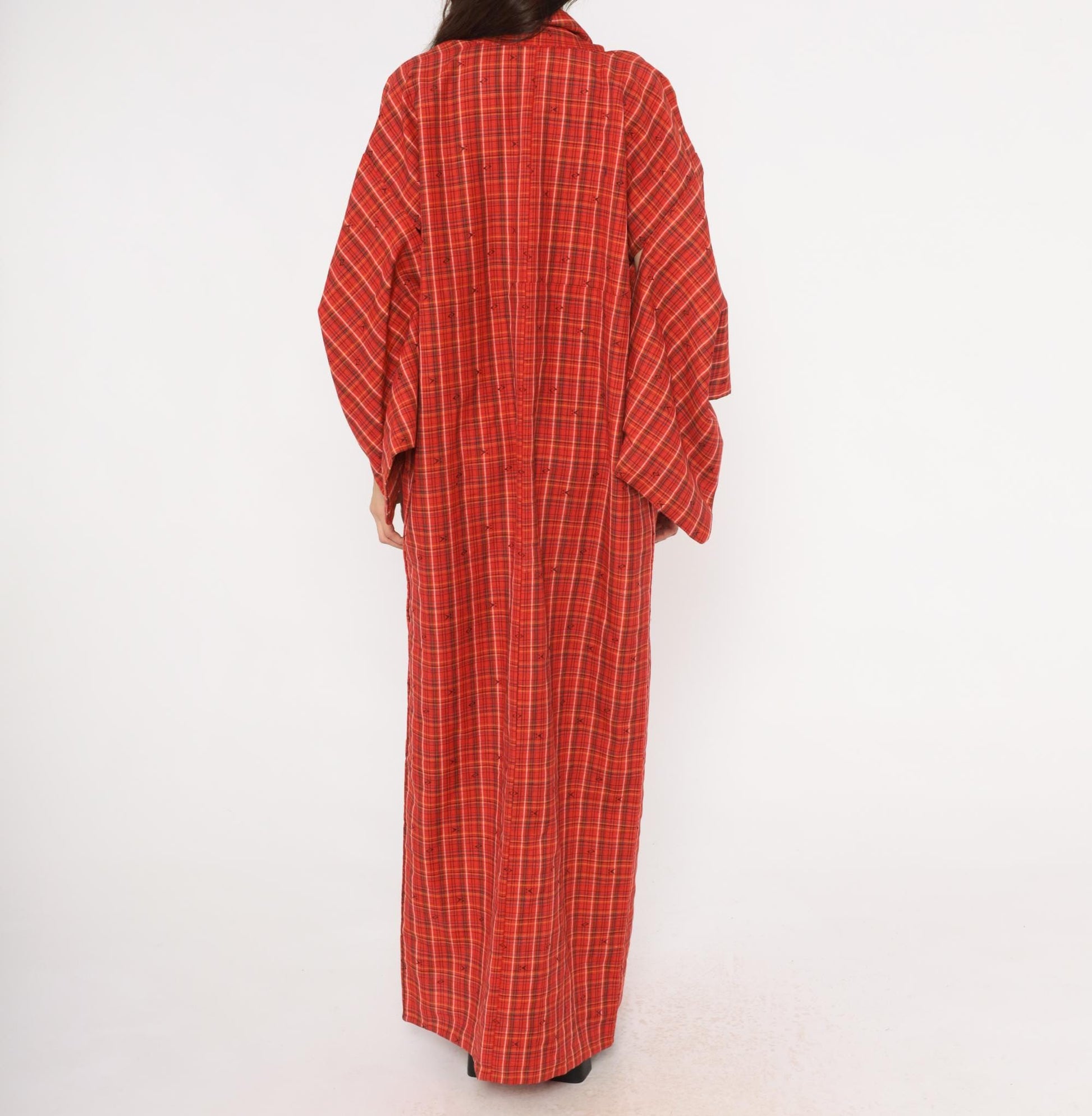 70s Red Plaid Wool Kimono Robe Floor Length Open Front Tartan Duster