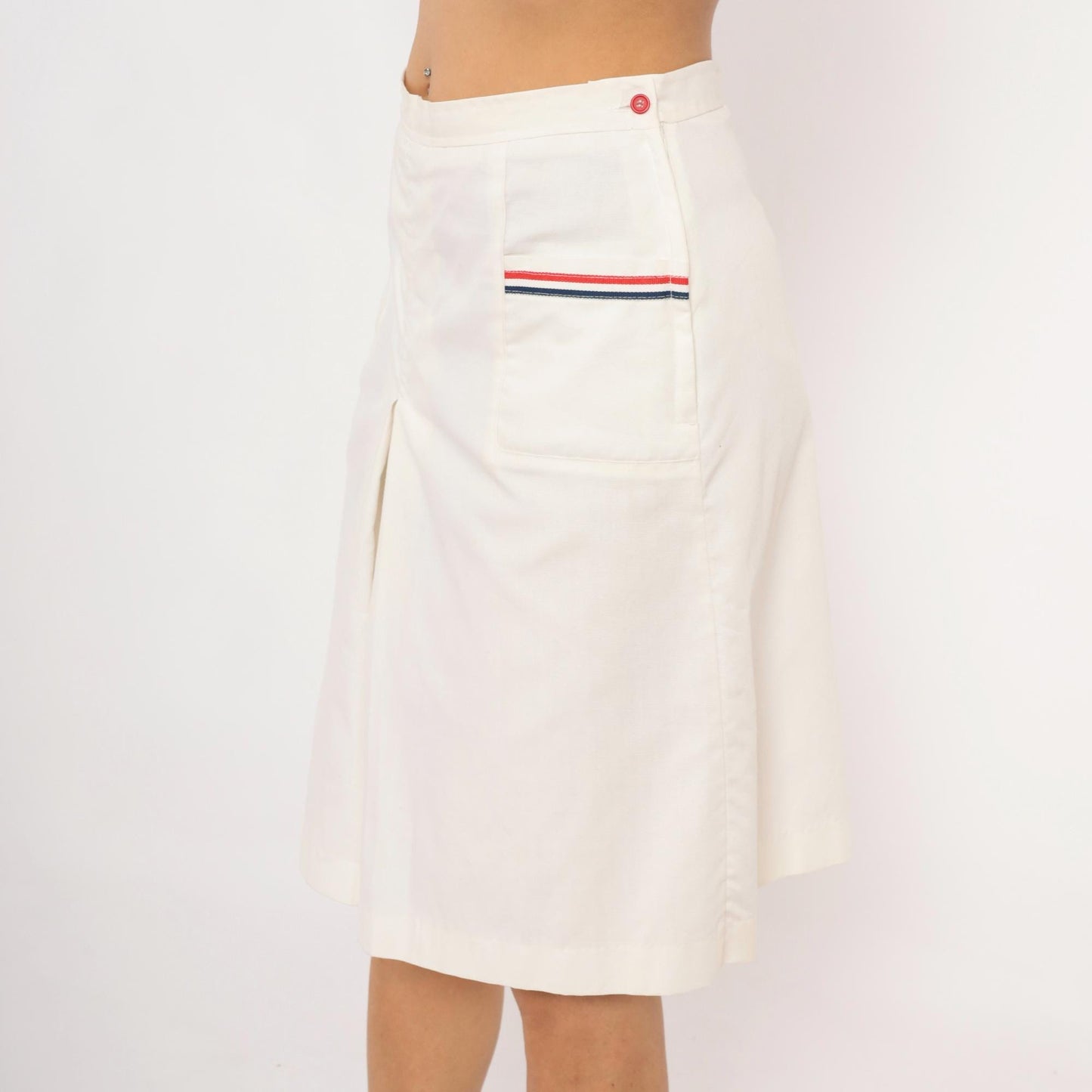 70s White Pleated Culottes Red Navy Stripe Trim Cotton Preppy Medium M