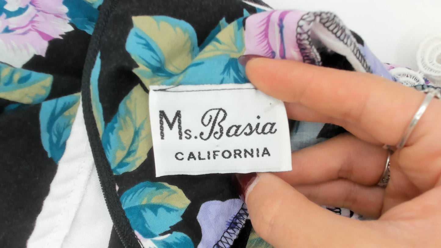 90s Ms. Basia California Floral Drop Waist Dress Black Rose Print Knee Length Large