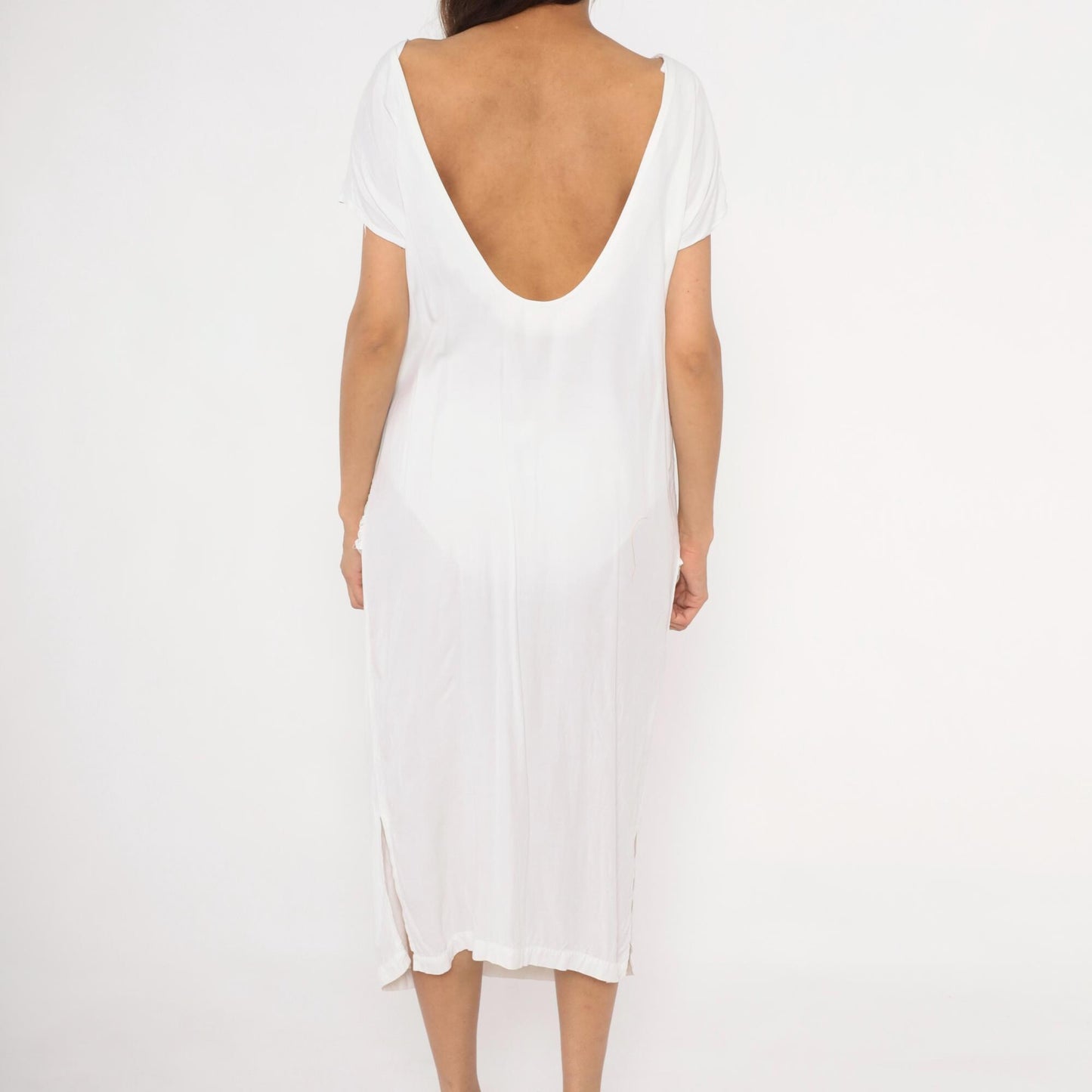 80s Police File White Grecian Midi Dress Cowl Drape Low Back Large L