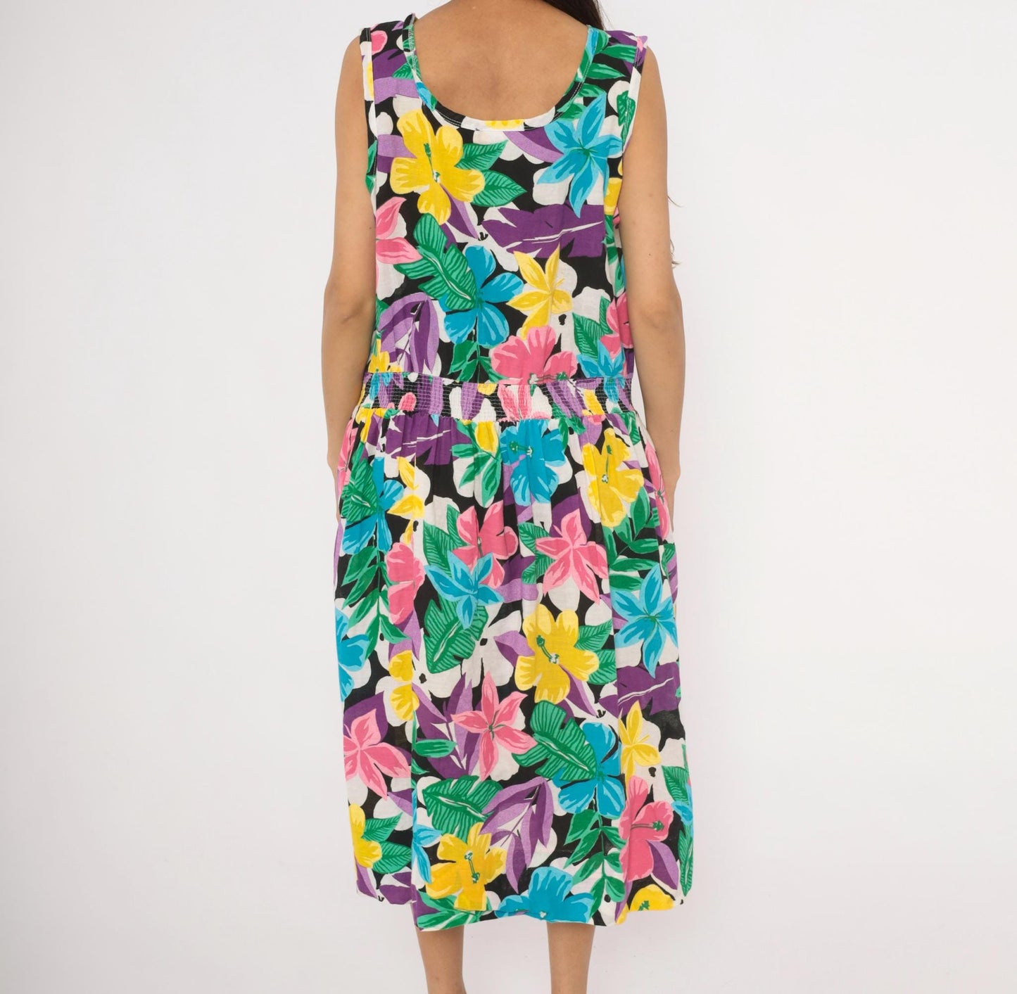 90s Tumbleweeds Tropical Hibiscus Midi Sundress Cotton Scoop Neck Large L