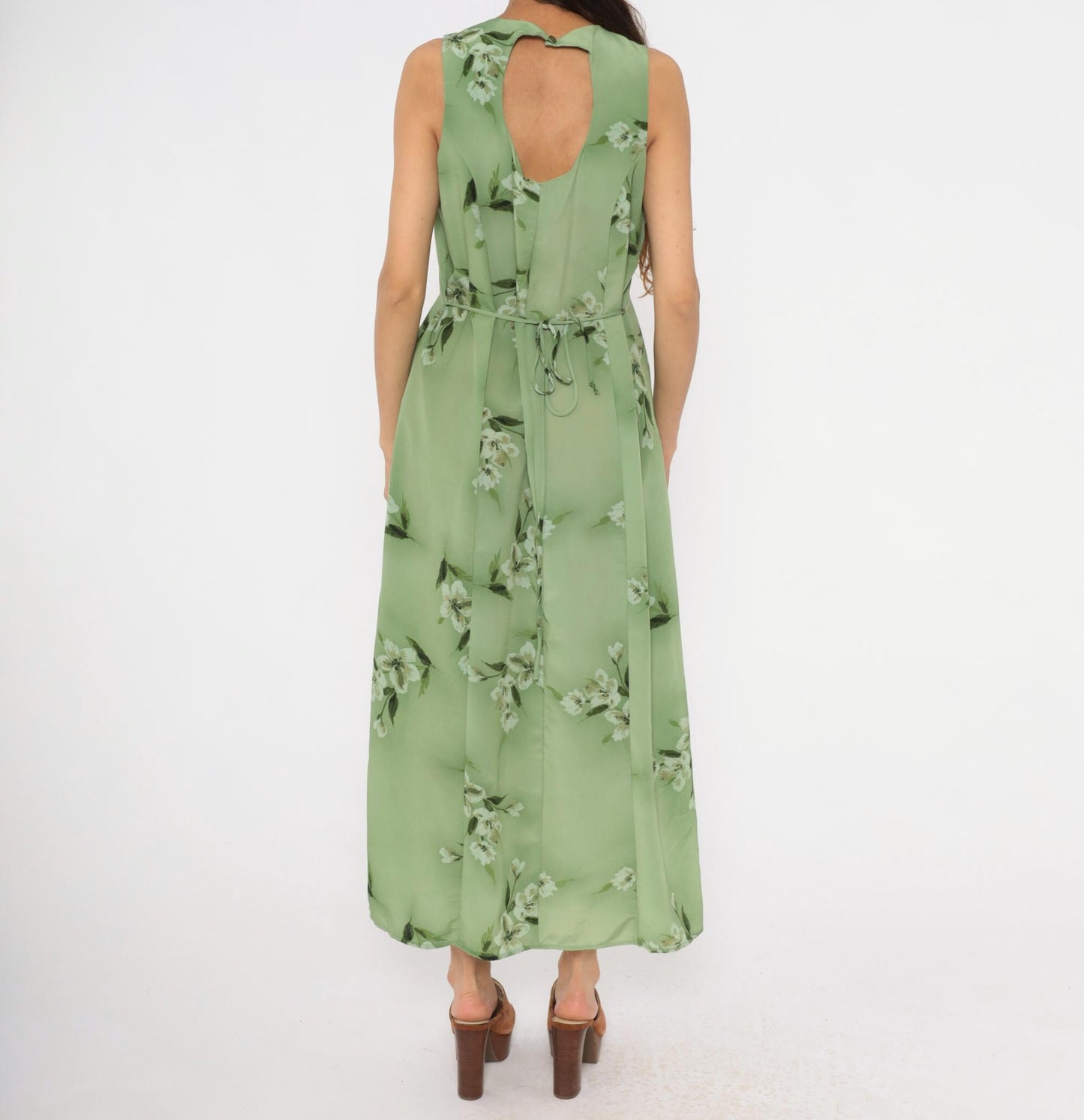 90s Fashion Bug Sage Green Floral Maxi Dress Sleeveless A-Line Large L