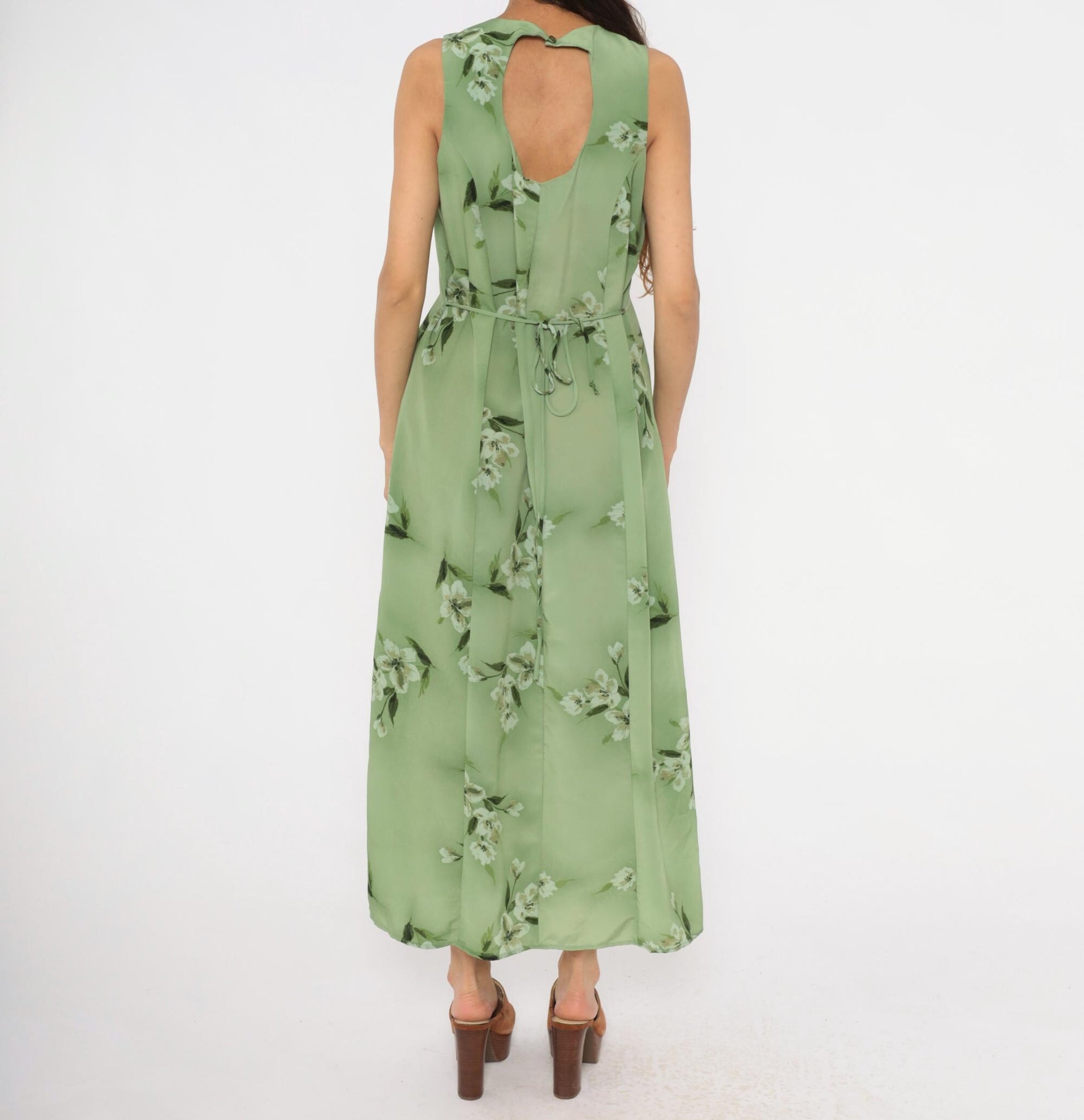90s Fashion Bug Sage Green Floral Maxi Dress Sleeveless A-Line Large L