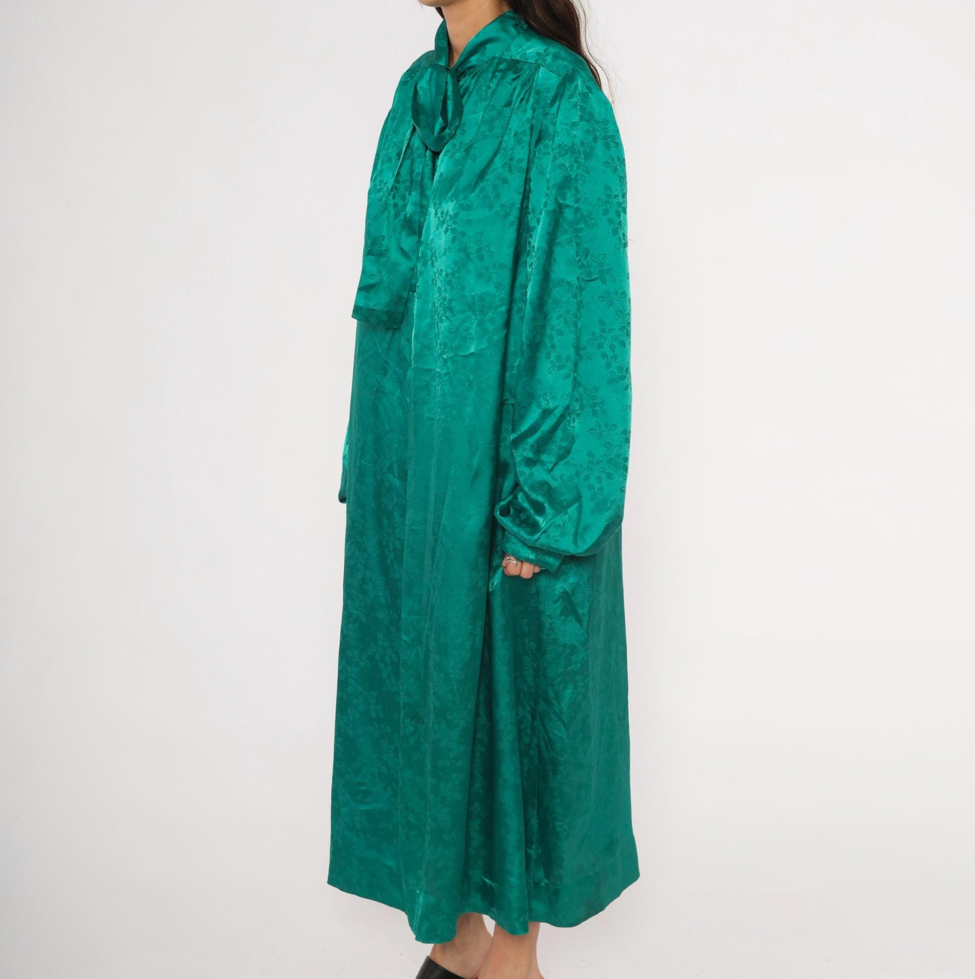 90s Teal Jacquard Maxi Dress Pussy Bow Balloon Sleeve Damask Emerald Extra Large