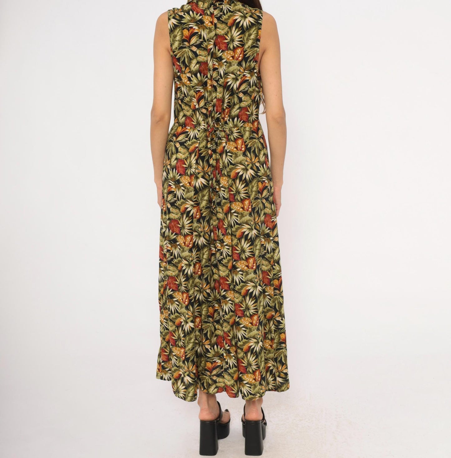 90s Teddi Tropical Leaf Maxi Dress Sleeveless Olive Green Medium M