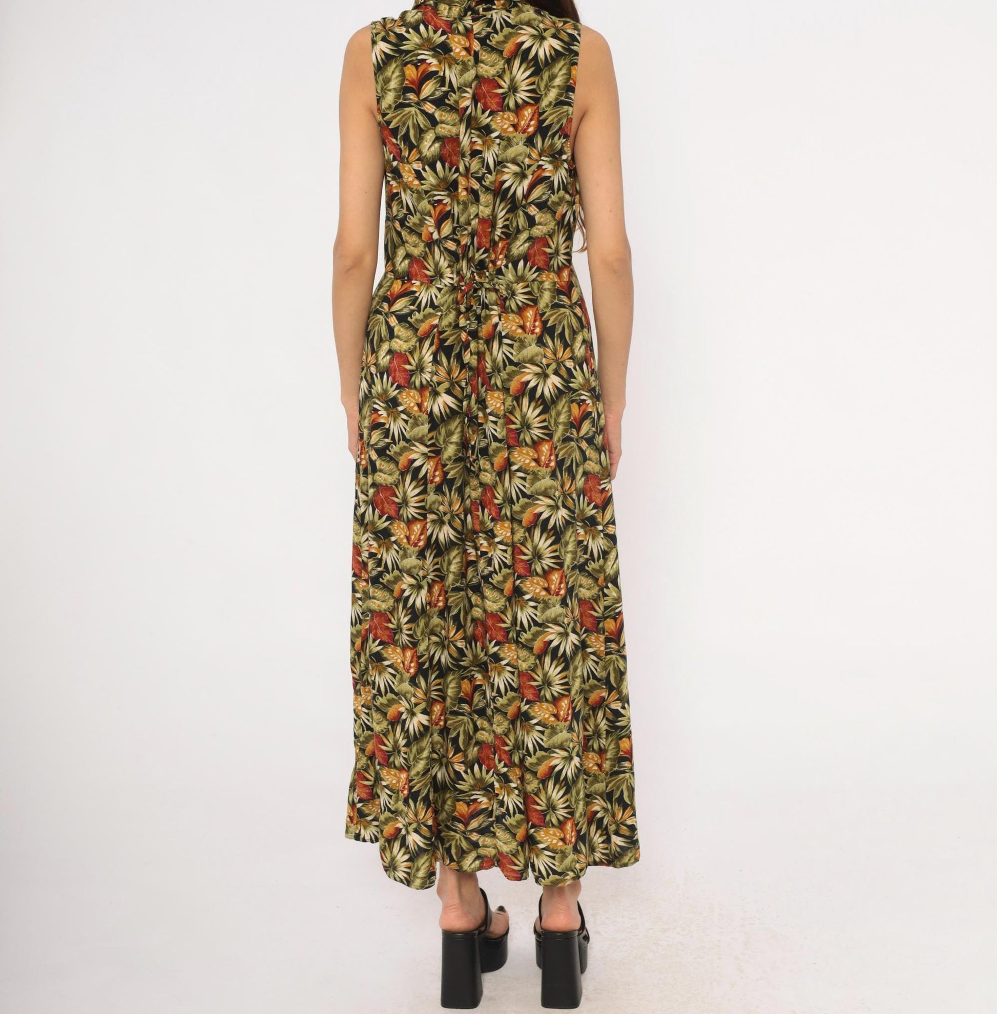 90s Teddi Tropical Leaf Maxi Dress Sleeveless Olive Green Medium M