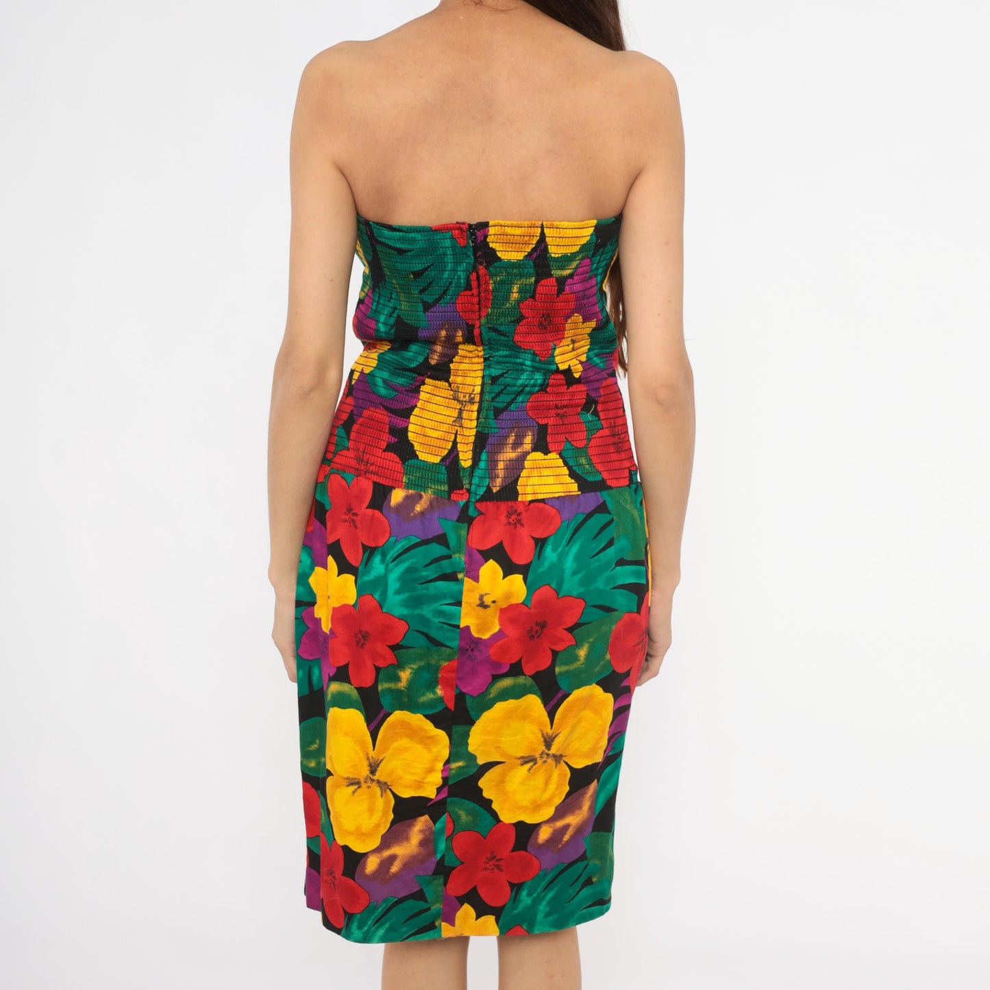 90s Positively Ellyn Tropical Floral Strapless Dress Knee-Length Wrap Skirt Large