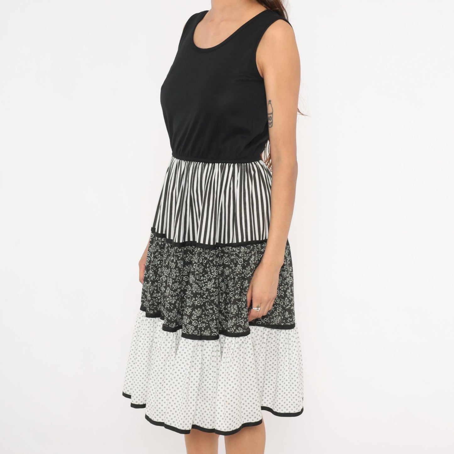 80s Mixed Print Tiered Sundress Black White Floral Striped Polka Dot Medium