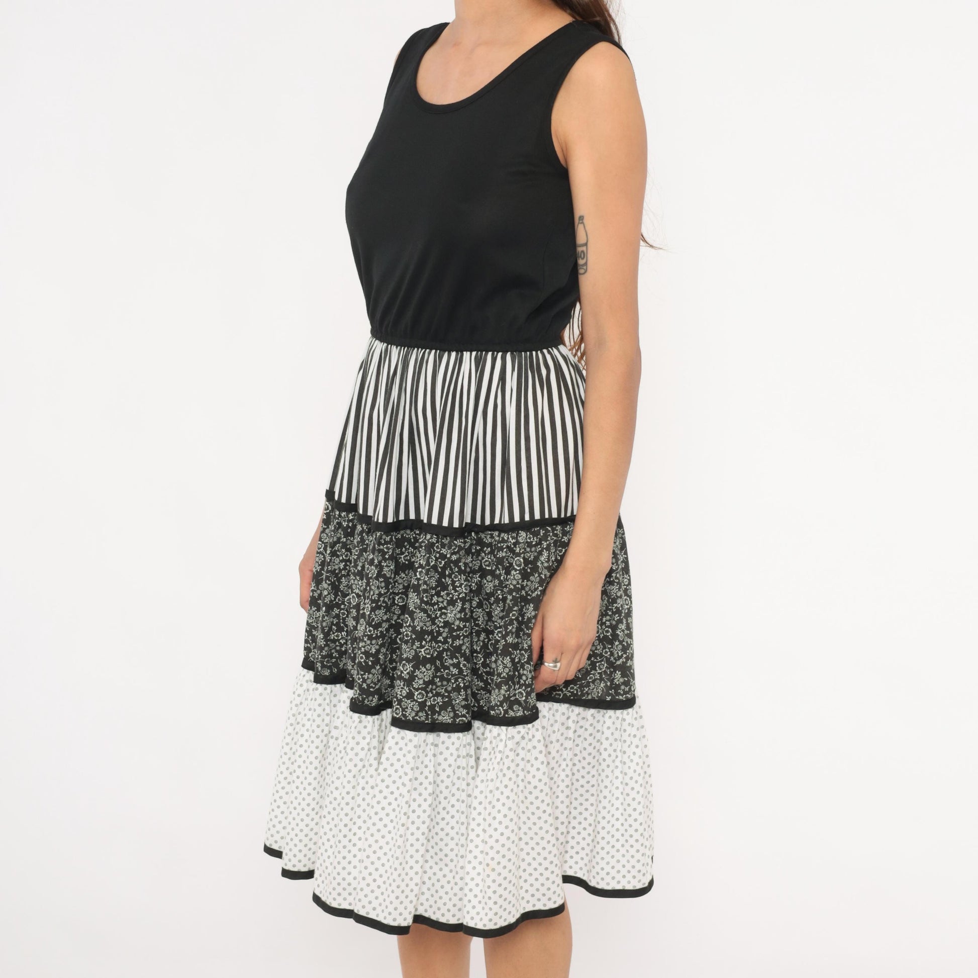 80s Mixed Print Tiered Sundress Black White Floral Striped Polka Dot Medium