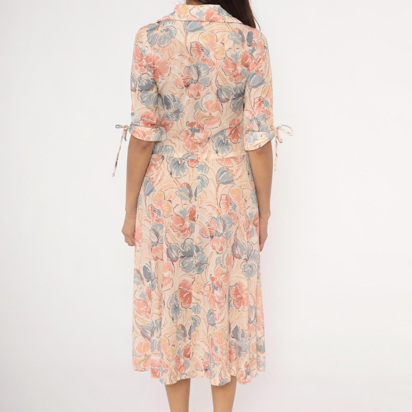 80s Watercolor Floral Midi Dress Notched Collar Tie Sleeve Cream Blush Small