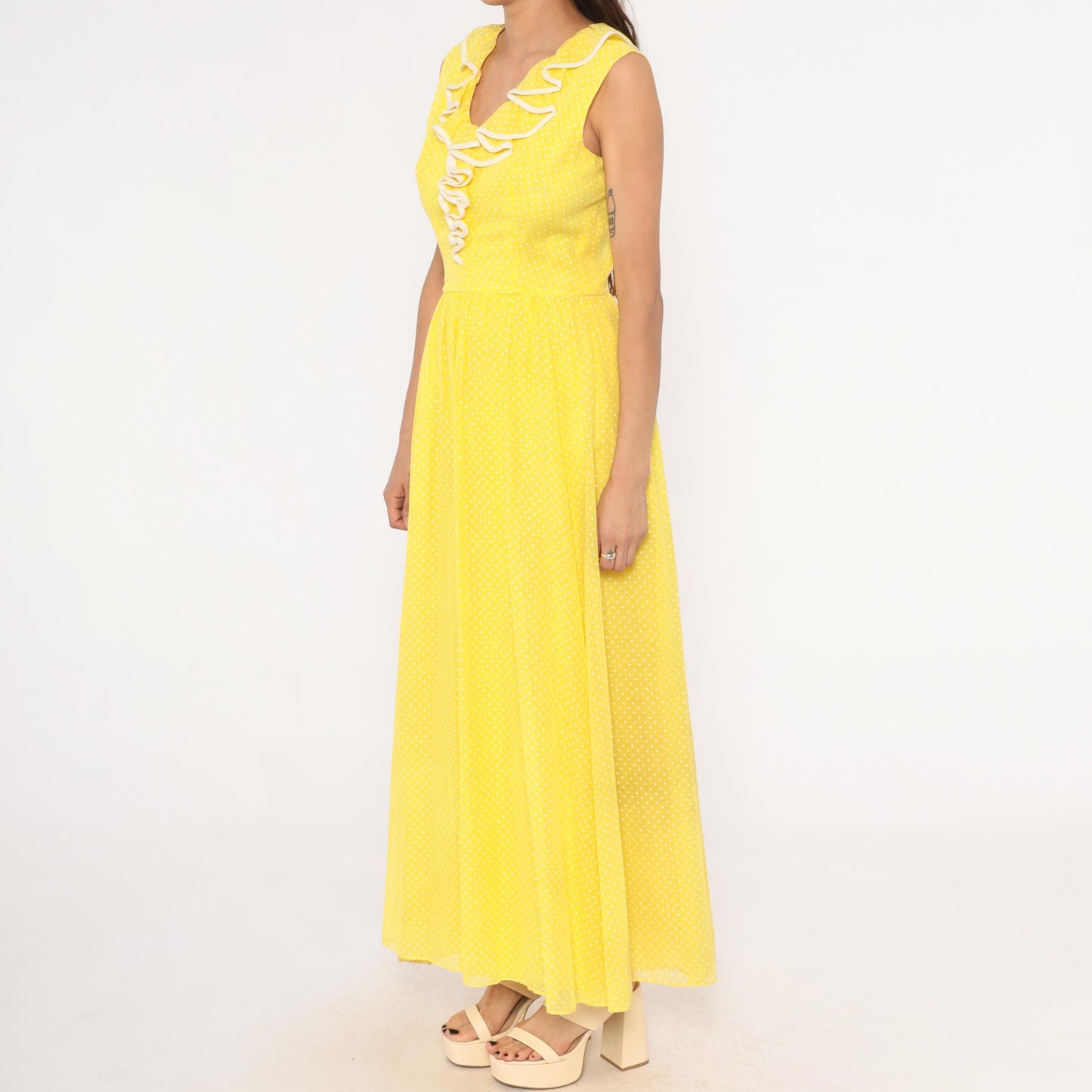 70s Miss Elliette Yellow Polka Dot Maxi Dress Ruffled V-Neck Medium M
