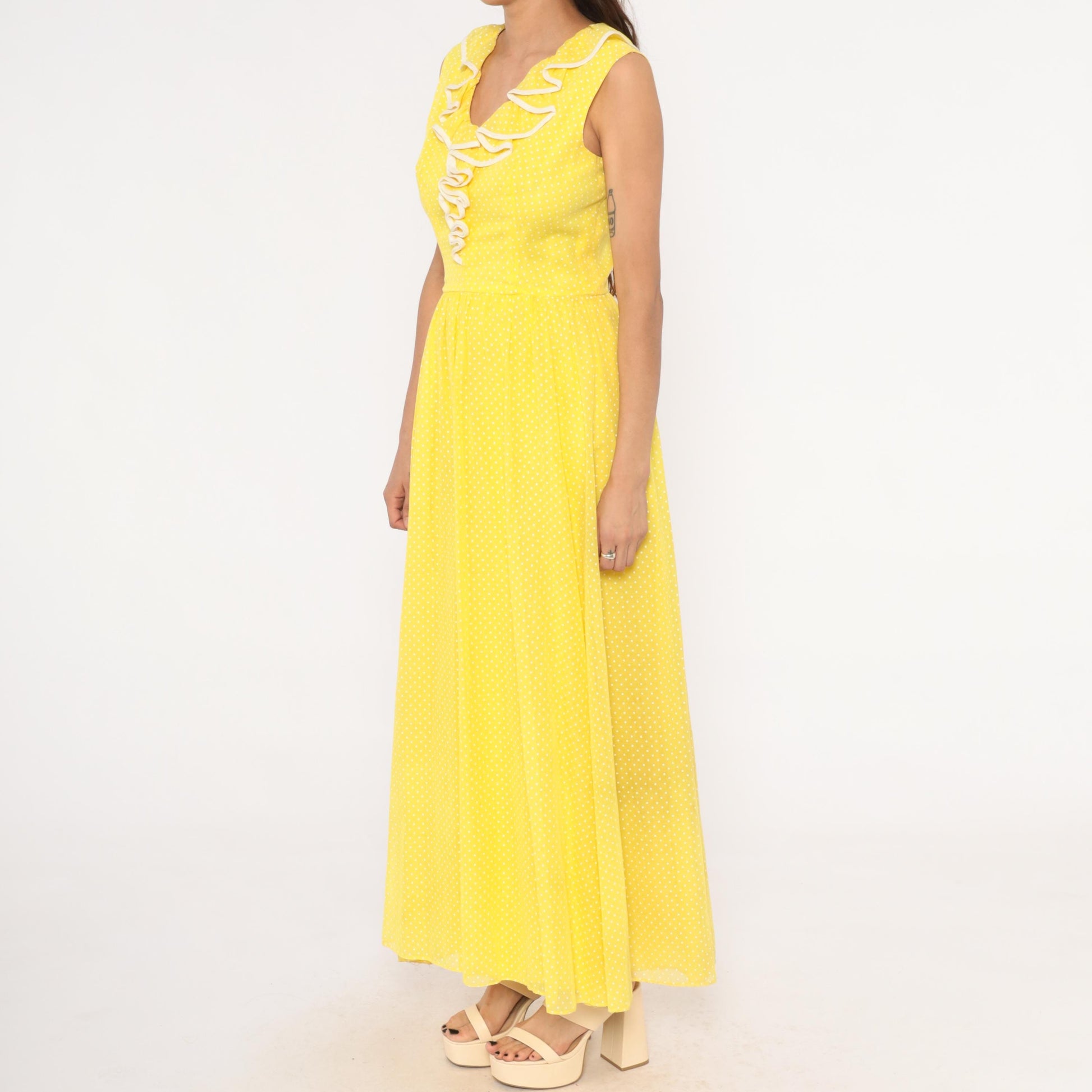 70s Miss Elliette Yellow Polka Dot Maxi Dress Ruffled V-Neck Medium M