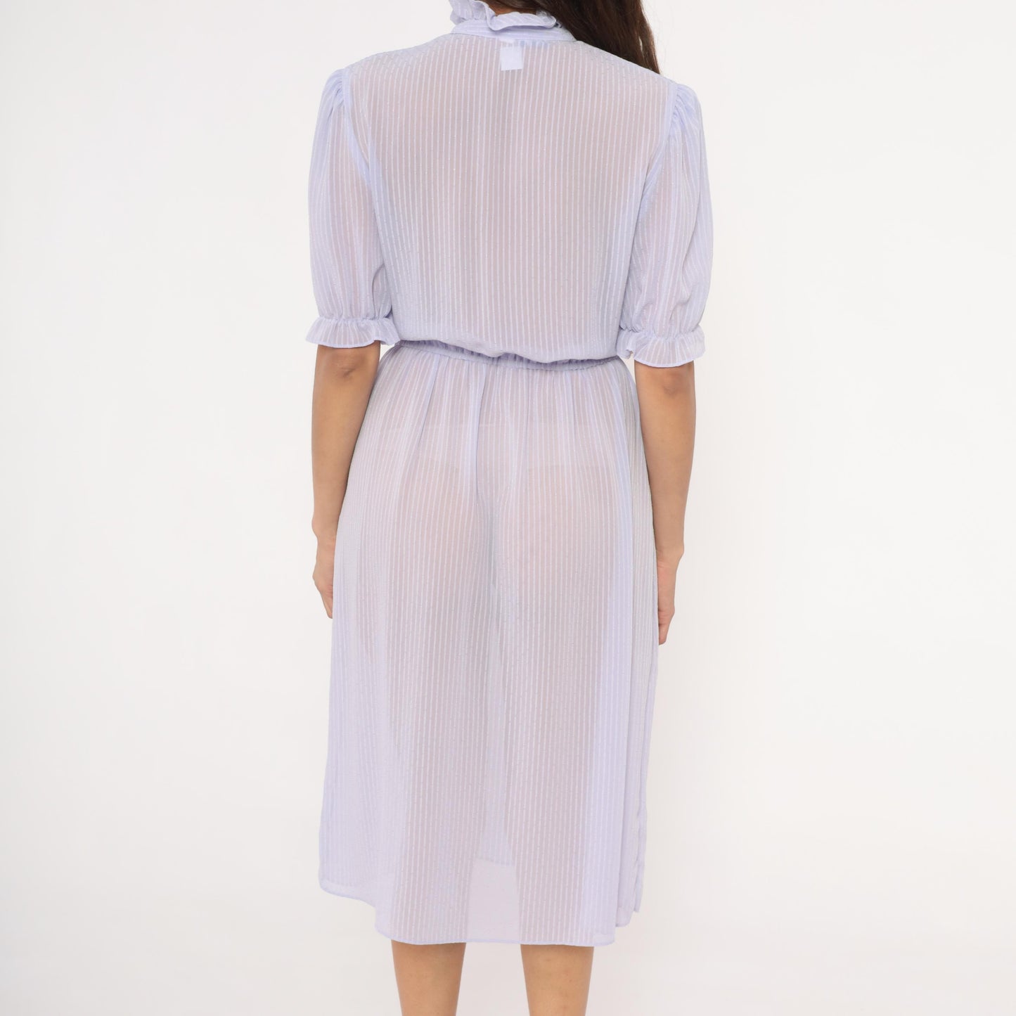 80s Lavender Sheer Stripe Dress Puff Sleeve Bow Tie Ruffle Collar Small