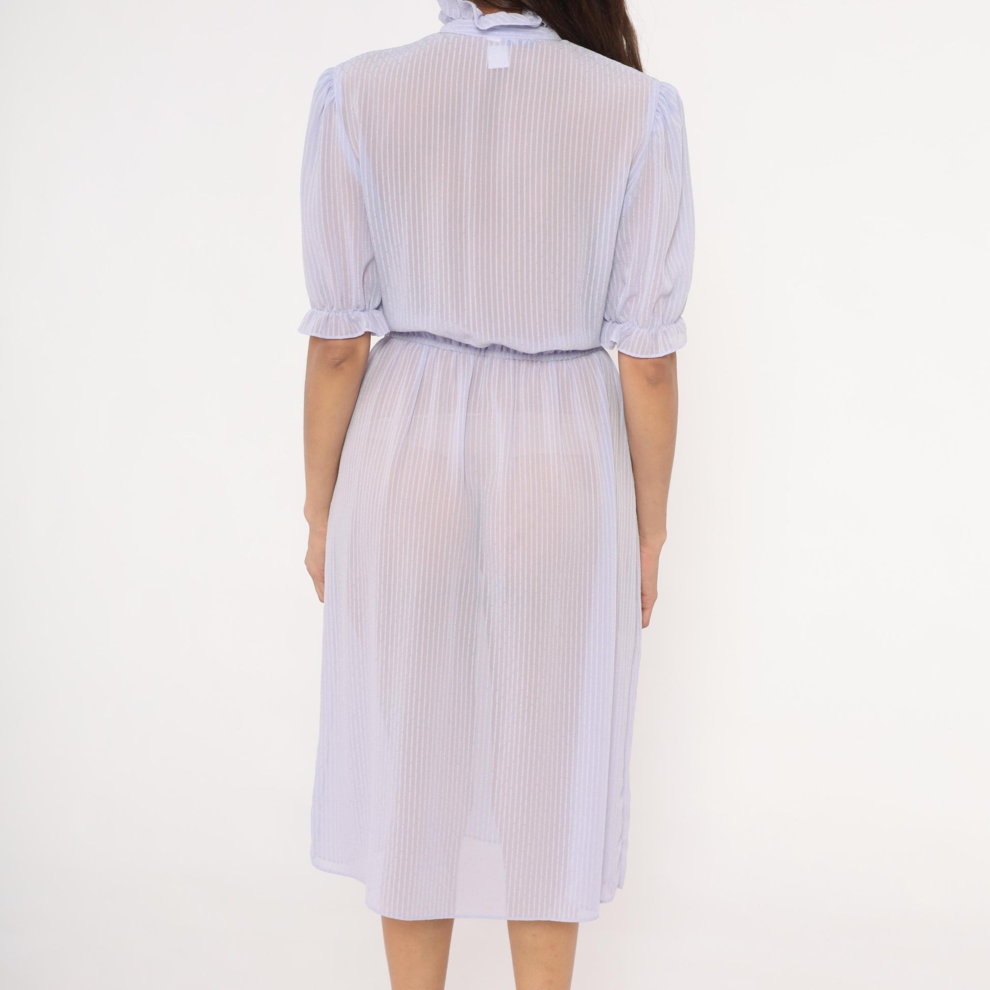 80s Lavender Sheer Stripe Dress Puff Sleeve Bow Tie Ruffle Collar Small