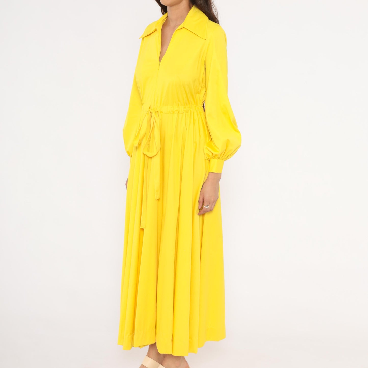 70s Vanity Fair Yellow Maxi Dress Balloon Sleeve Zip Front Gathered Skirt Medium