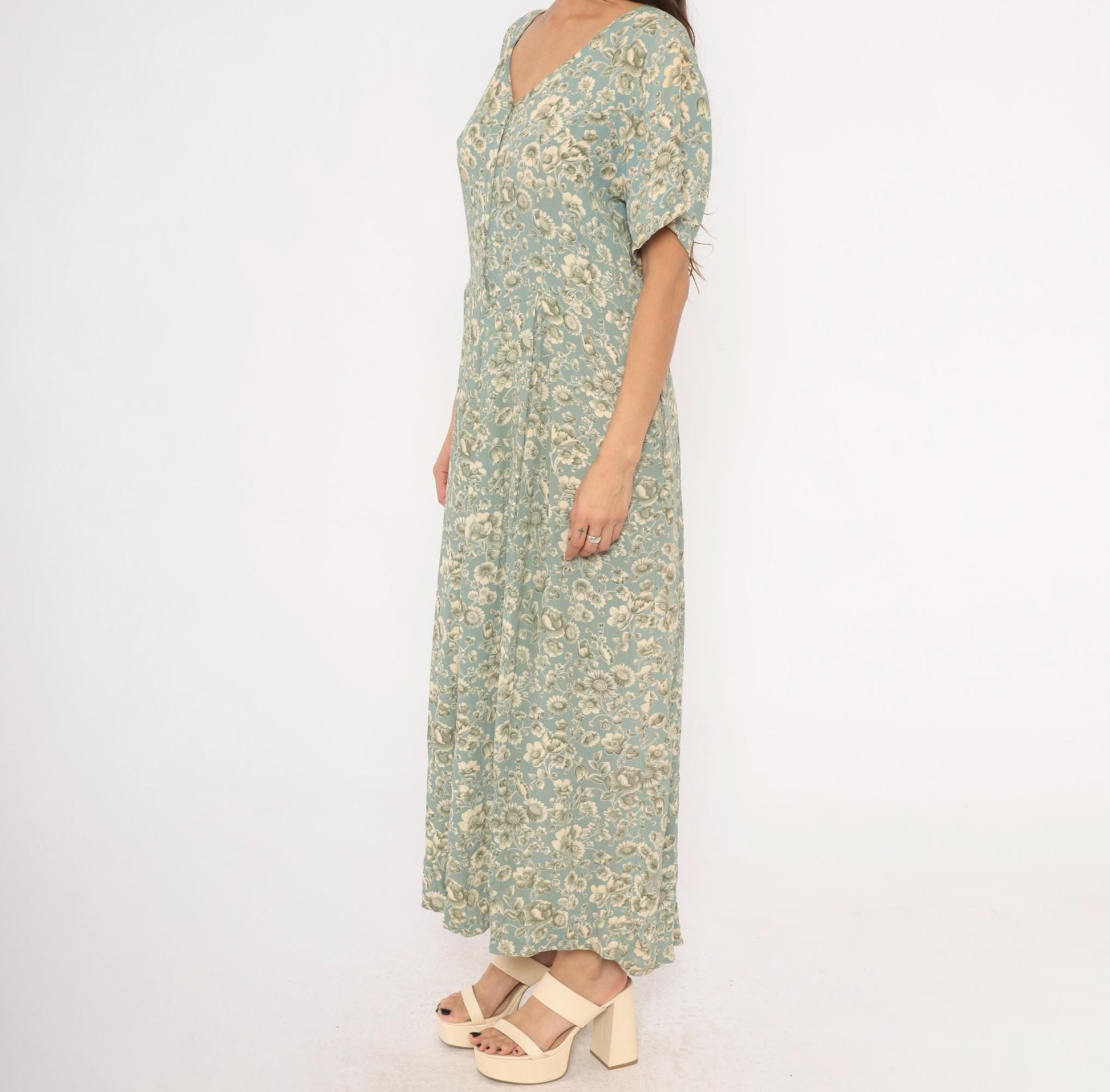 90s April Cornell Floral Maxi Dress Teal Cream V-Neck Short Sleeve Large L