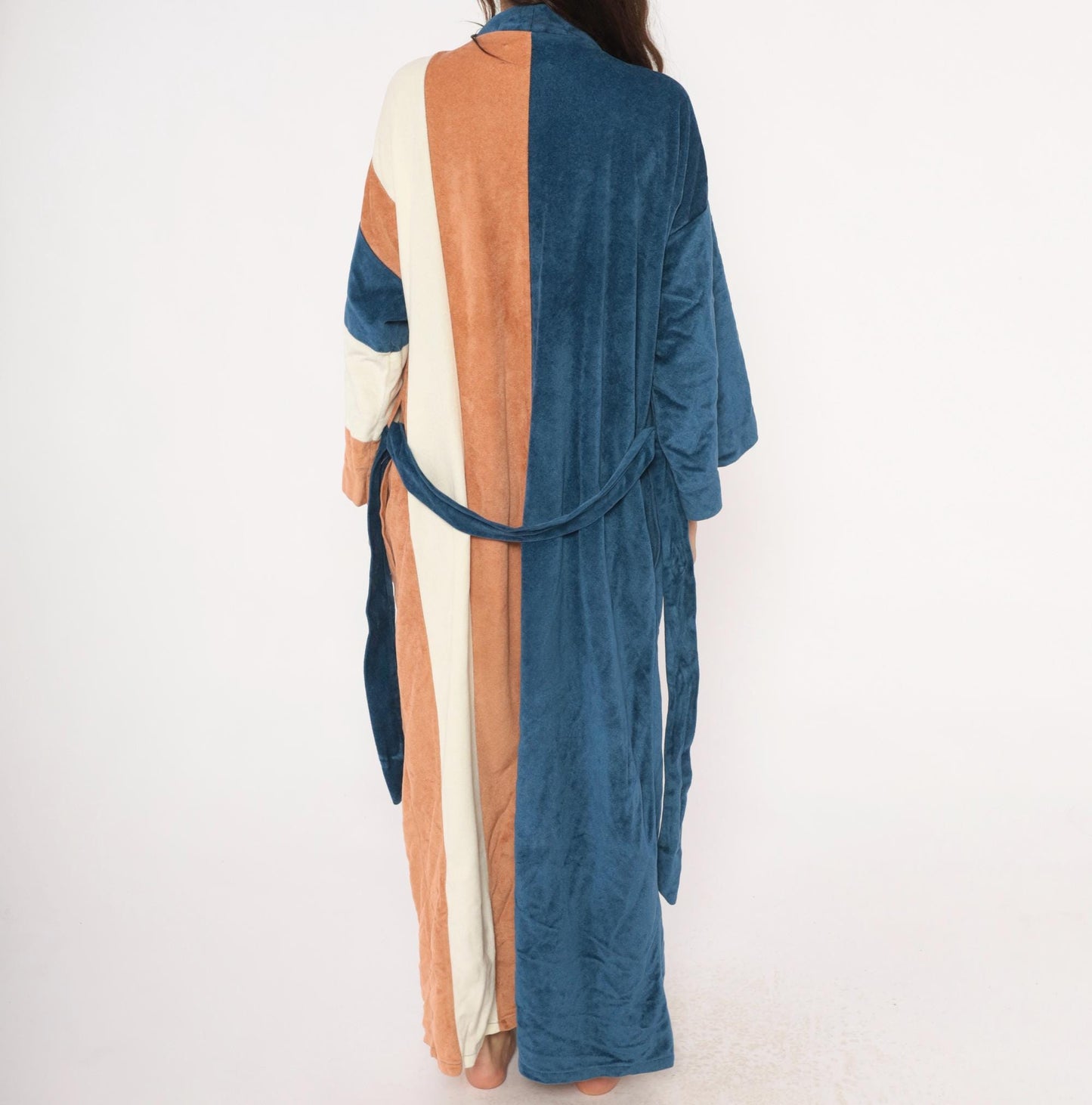 80s JCPenney Velour Kimono Robe Colorblock Navy Copper Cream One Size