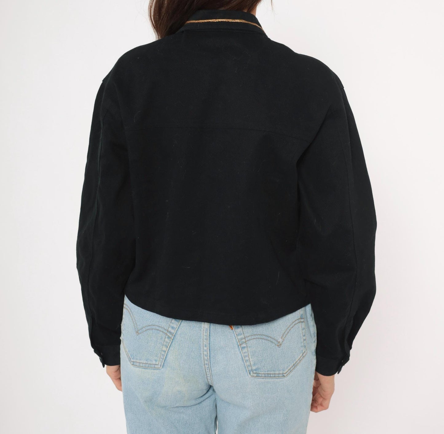 90s Styleworks Black Denim Jacket Gold Coin Charm Embroidered Cropped Large L
