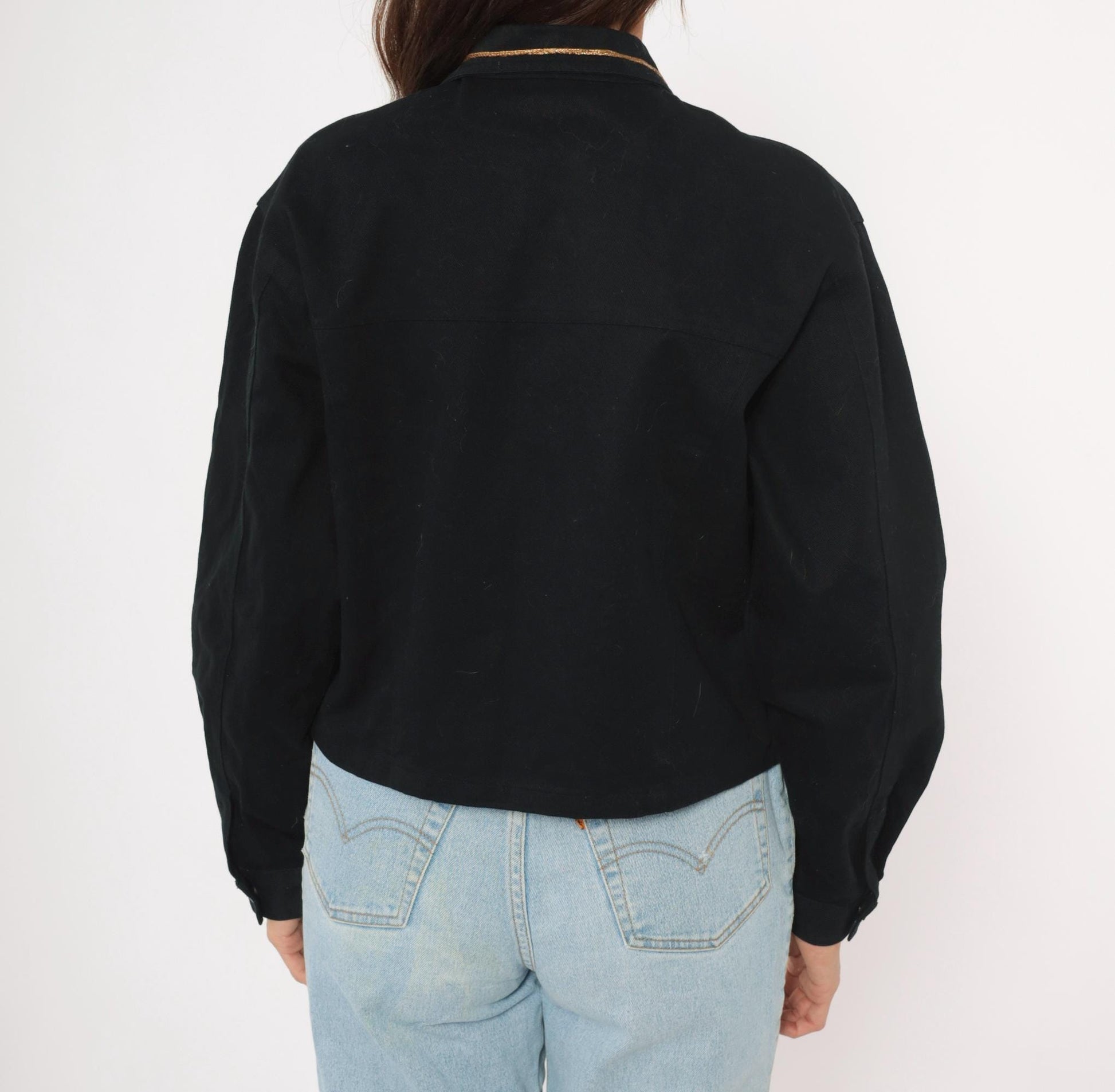 90s Styleworks Black Denim Jacket Gold Coin Charm Embroidered Cropped Large L