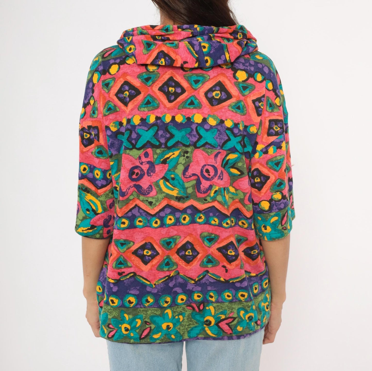 90s Lady John Tribal Hoodie Pink Teal Purple Geometric Floral Pullover One Size