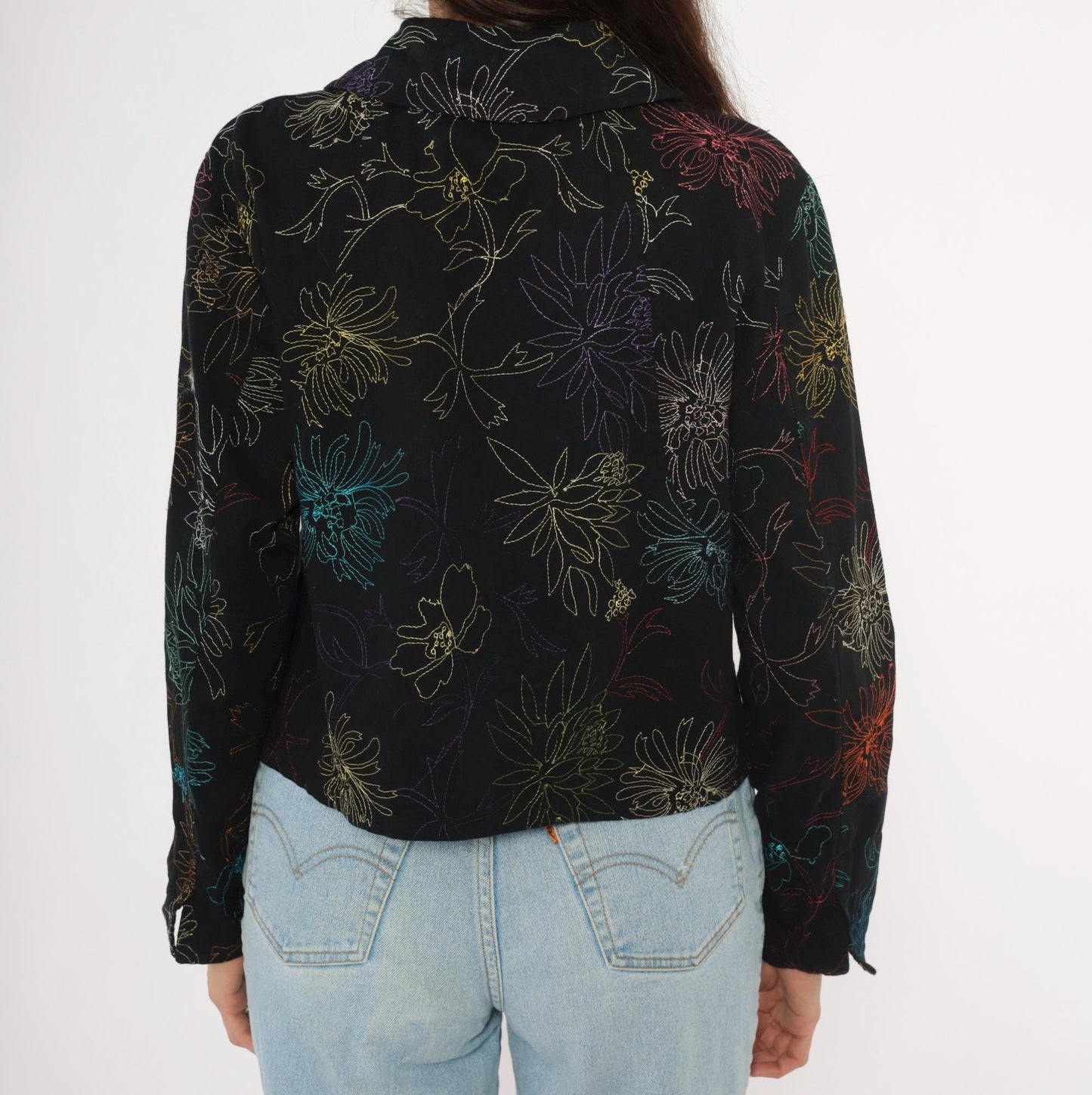 2000s Alex Kim Black Cropped Jacket Multicolor Floral Embroidery Large L