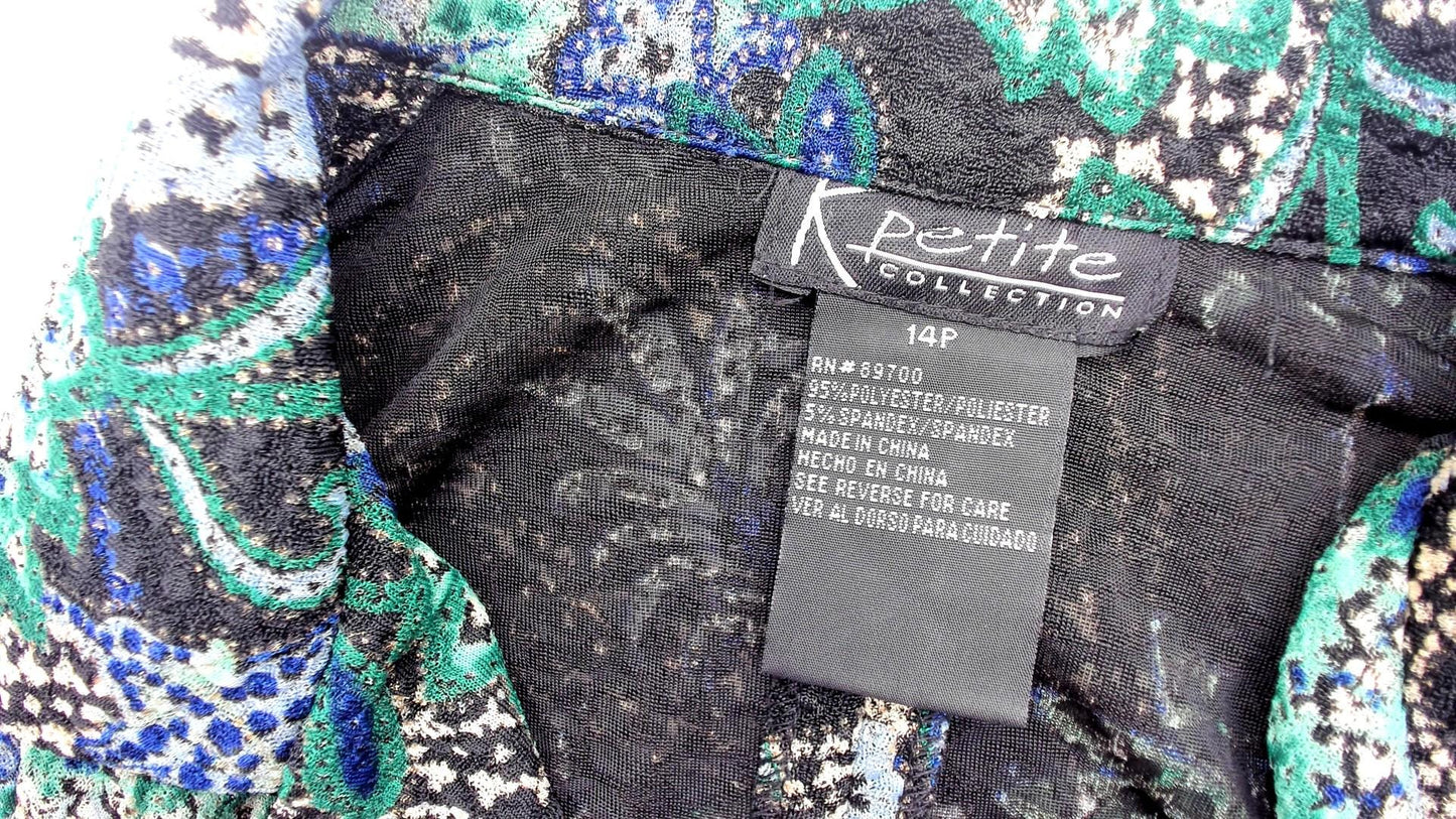 90s K Petite Paisley Blazer Emerald Green Navy Velvet Trim Cropped Large L