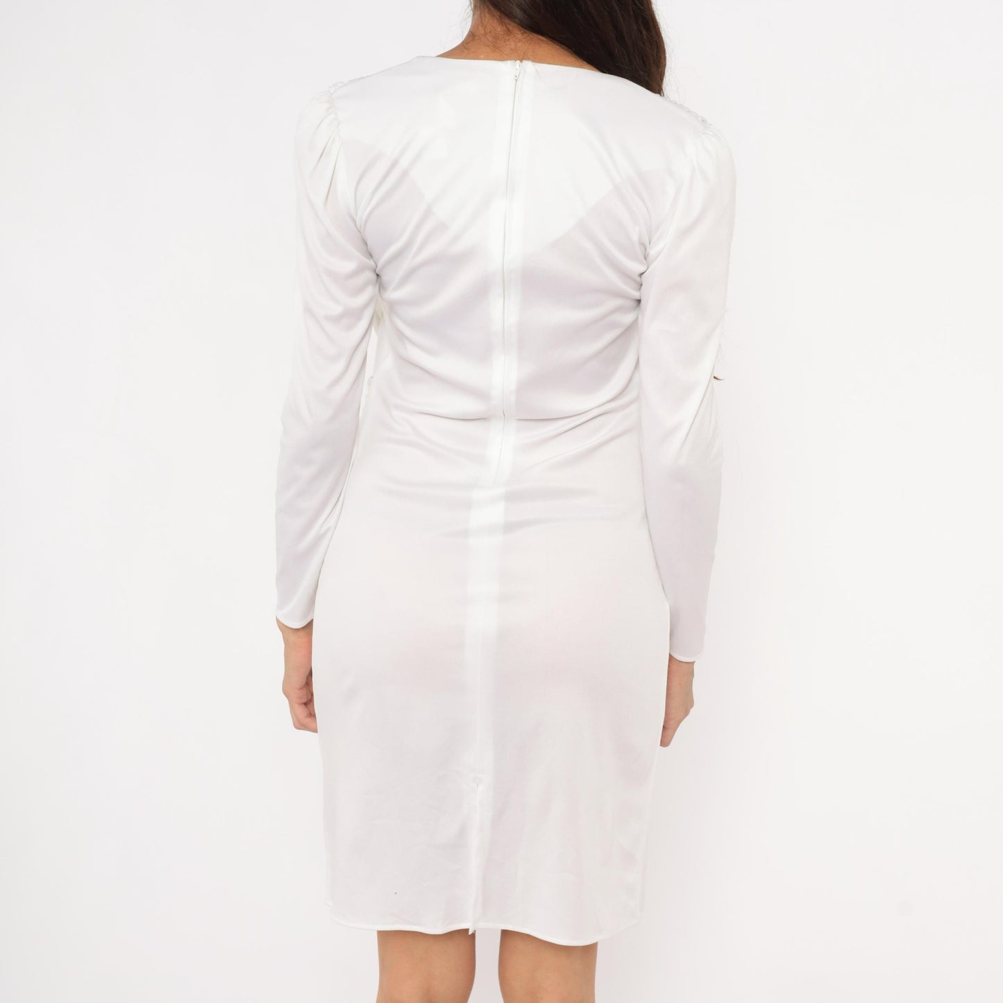 80s White Draped Crossover Dress Silver Beaded Neckline Ruched Bodice Small S