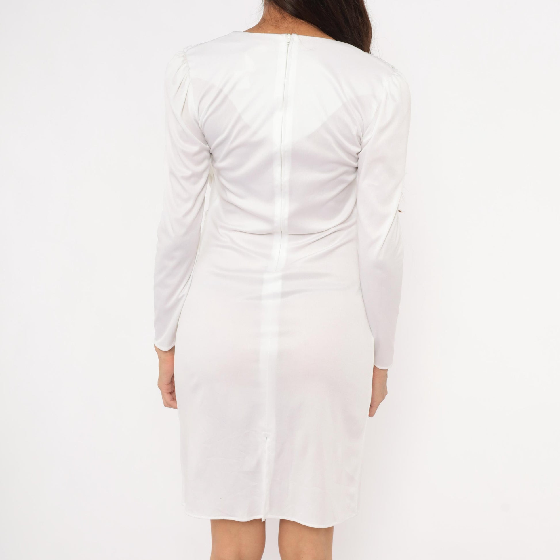 80s White Draped Crossover Dress Silver Beaded Neckline Ruched Bodice Small S