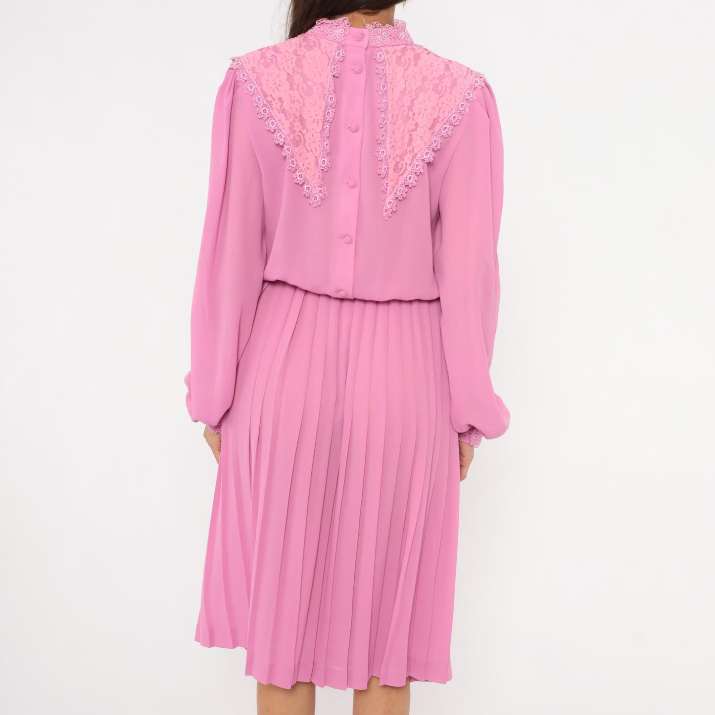 80s Rimini Pink Lace Bib Dress Bishop Sleeve Pleated Skirt Small Medium