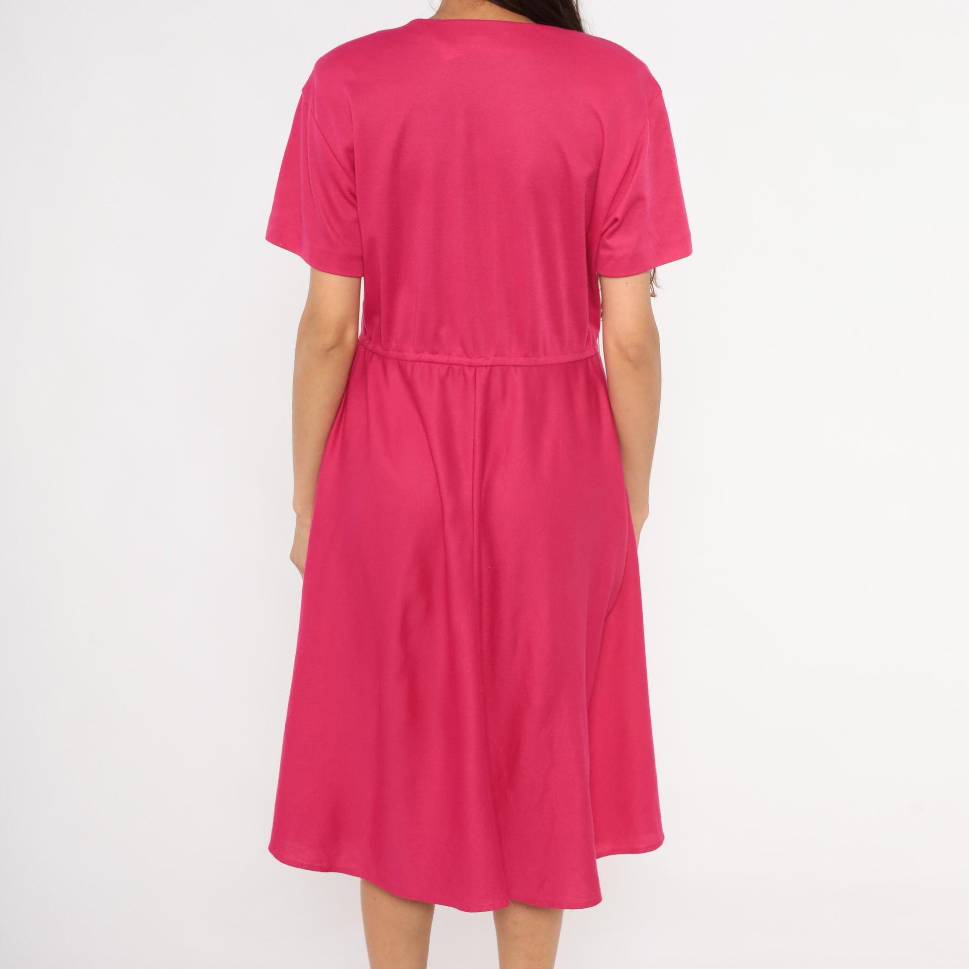 80s Fuchsia Button-Front Midi Dress Gold Buttons Gathered Waist Small