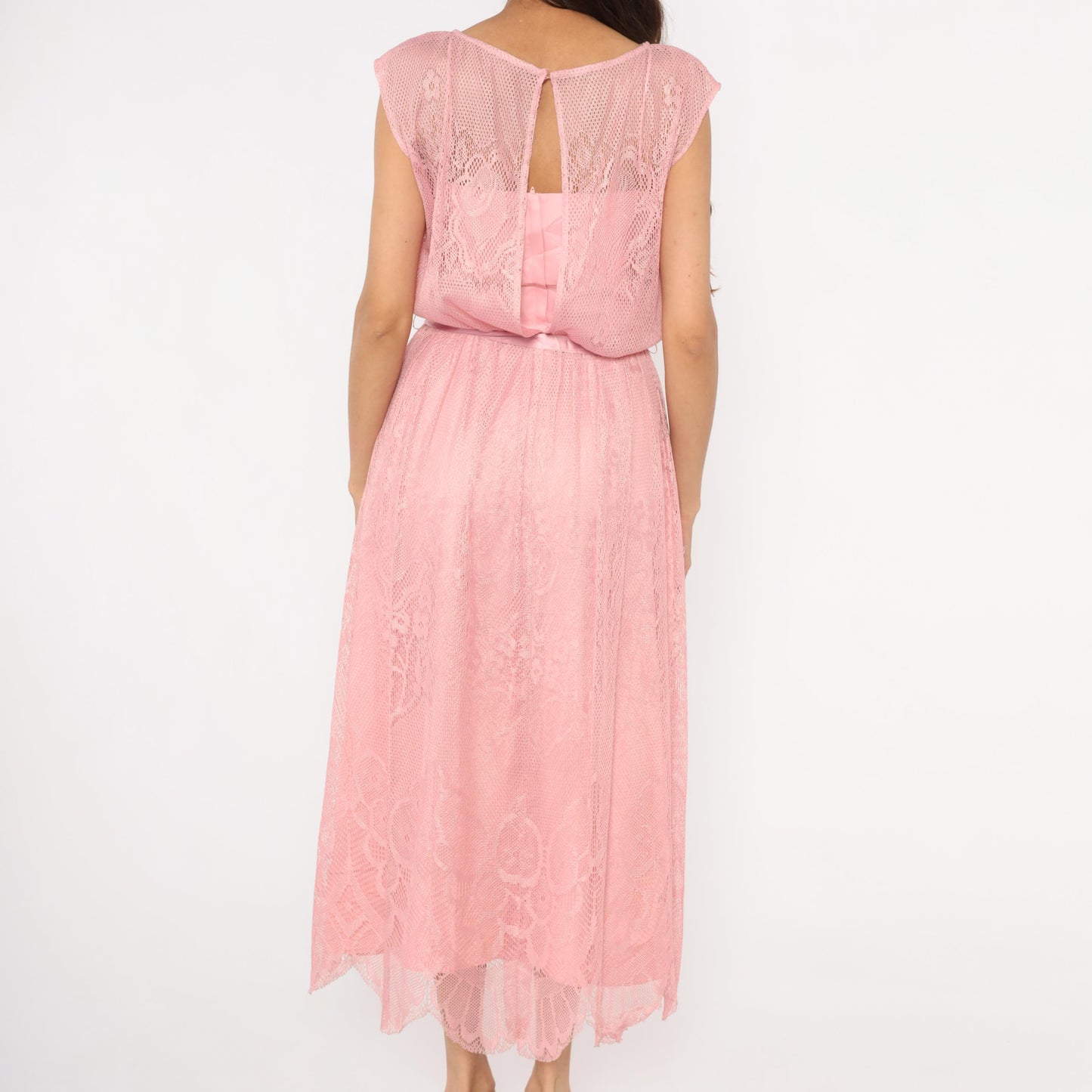 80s Rose Pink Lace Midi Dress Cap Sleeve Scalloped Hem Small S