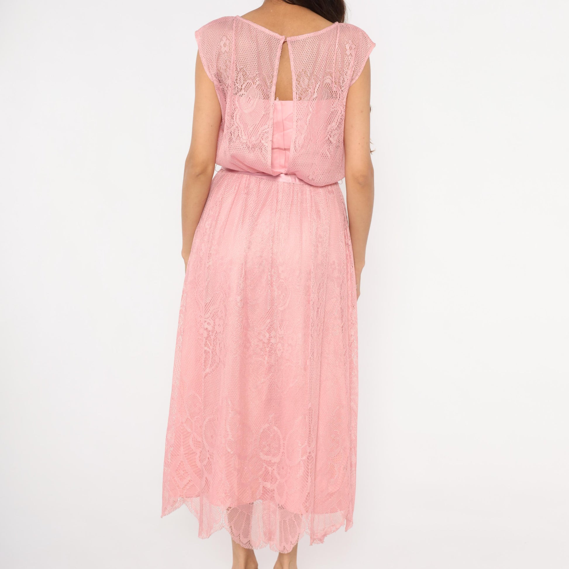 80s Rose Pink Lace Midi Dress Cap Sleeve Scalloped Hem Small S