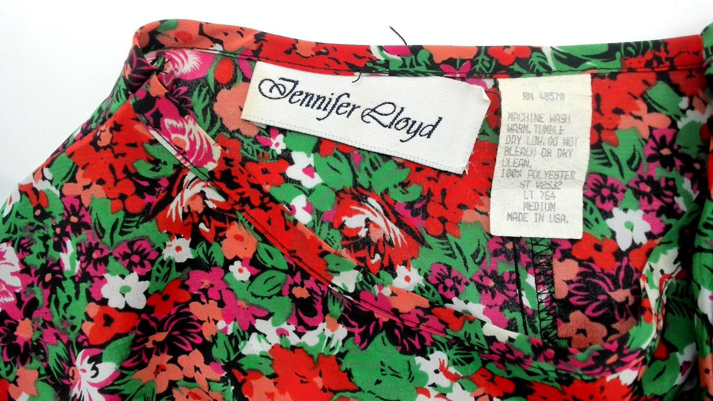 90s Jennifer Lloyd Floral Blouse Red Green Garden Print Cap Sleeve Medium