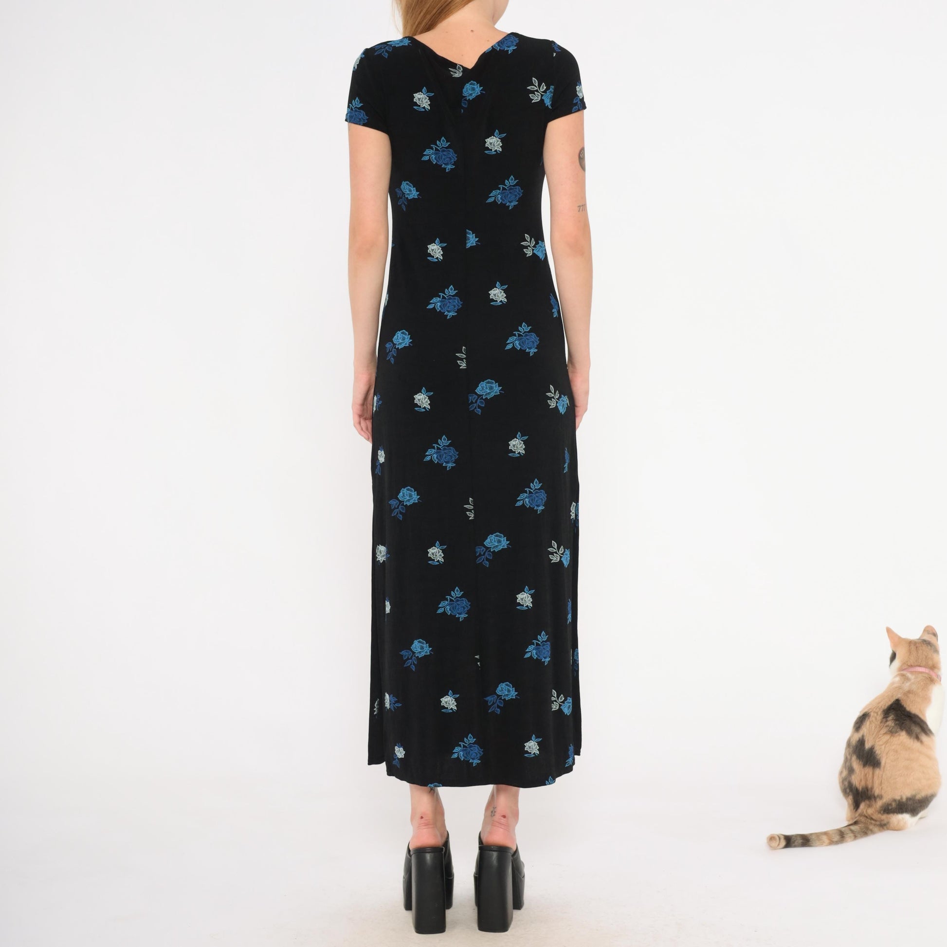 90s Jalate Black Floral Maxi Dress Blue Rose Print Side Slit Medium