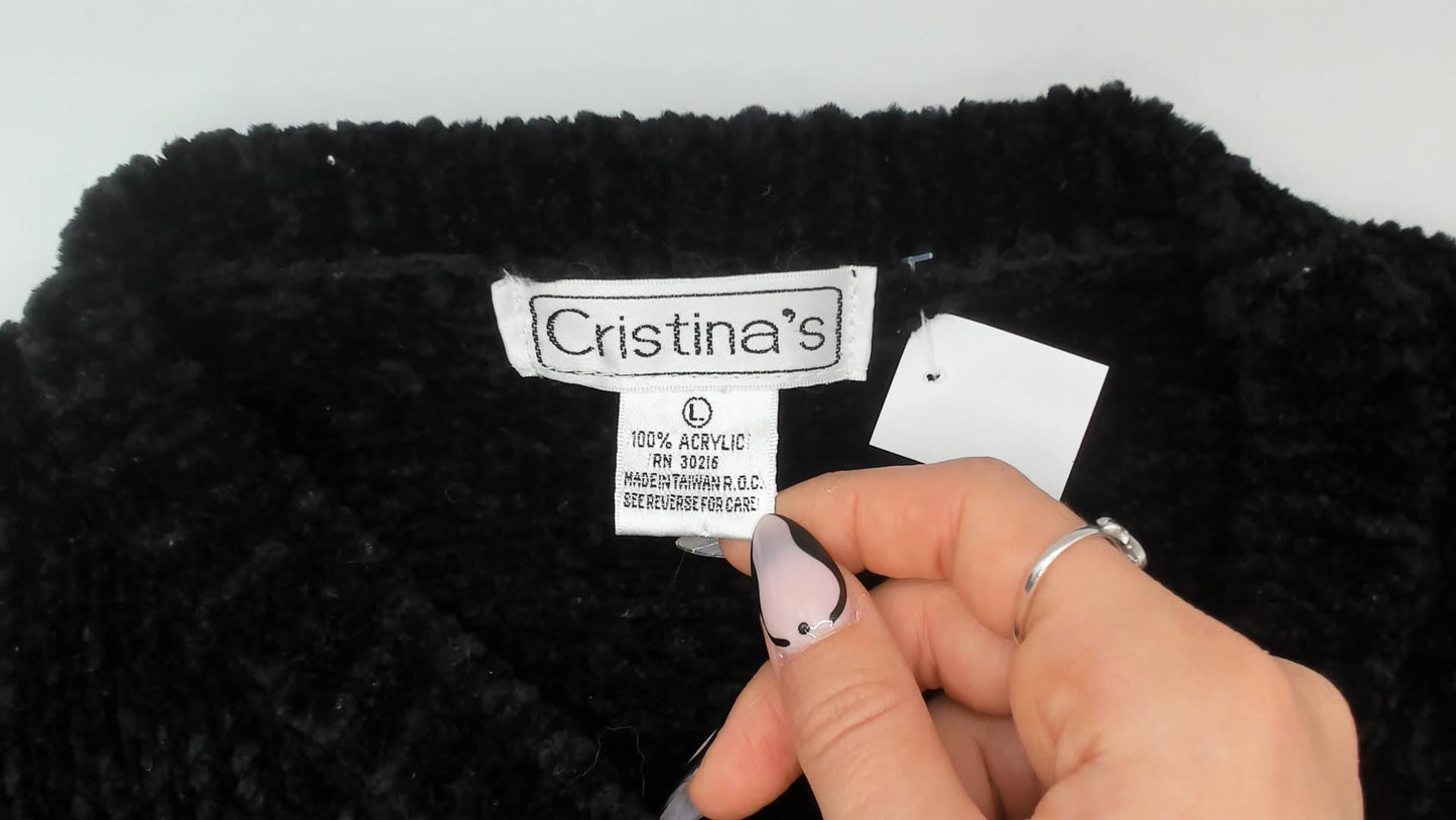 80s Cristina's Argyle Chenille Knit Pullover Black Multicolor Small