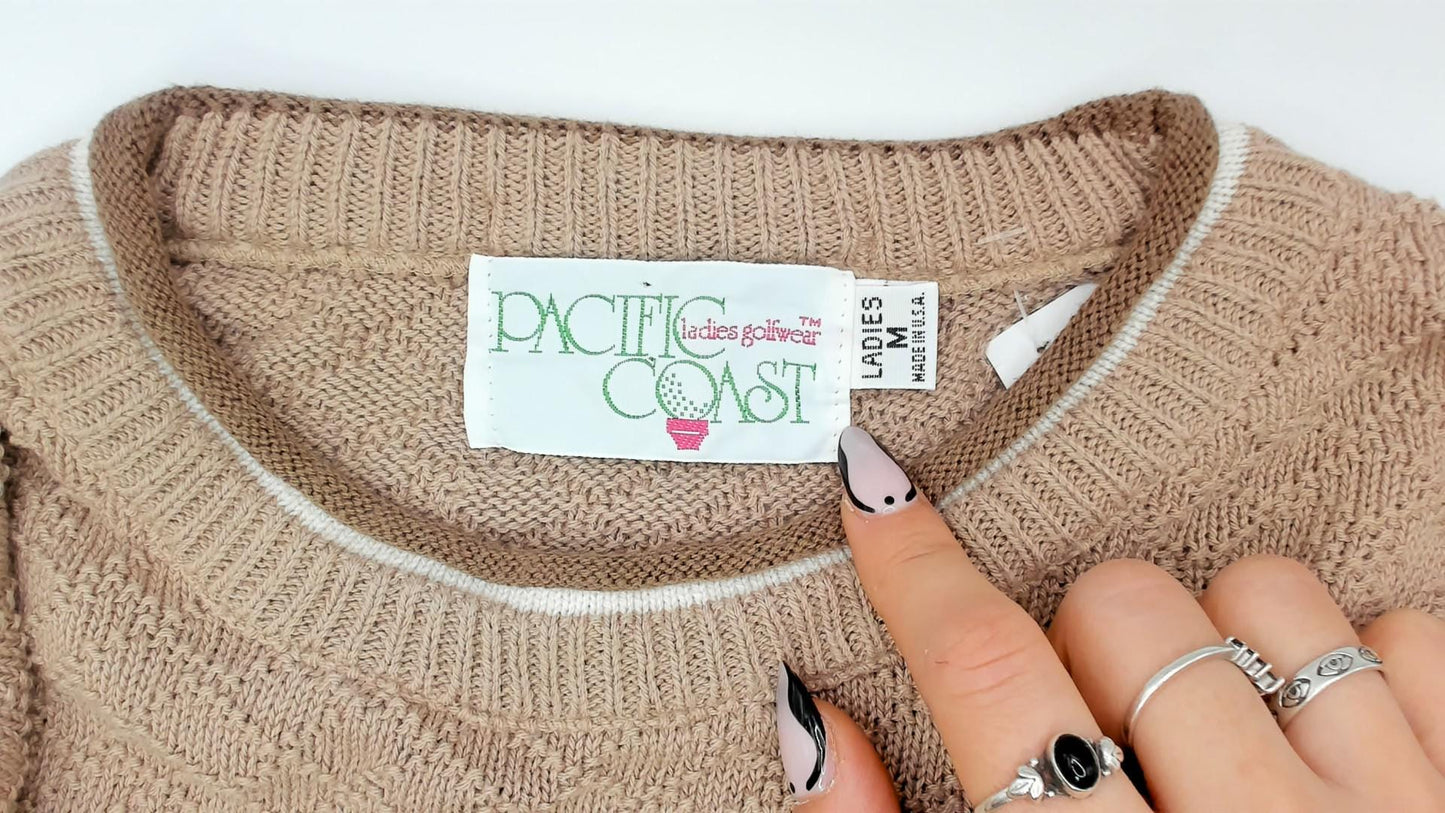 80s Pacific Coast Golf Embroidered Argyle Sweater Tan Crewneck Cotton Medium M