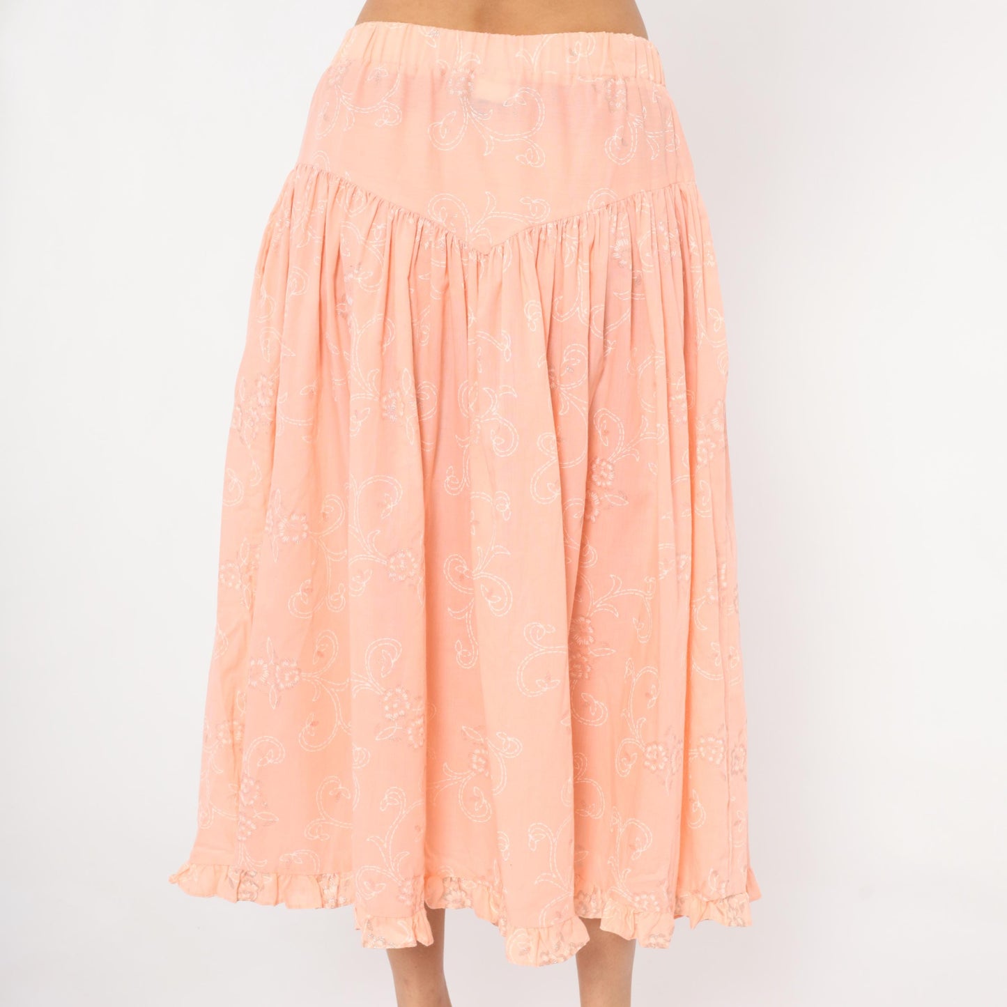90s California Connection Peach Floral Midi Skirt Ruffled Hem Medium M
