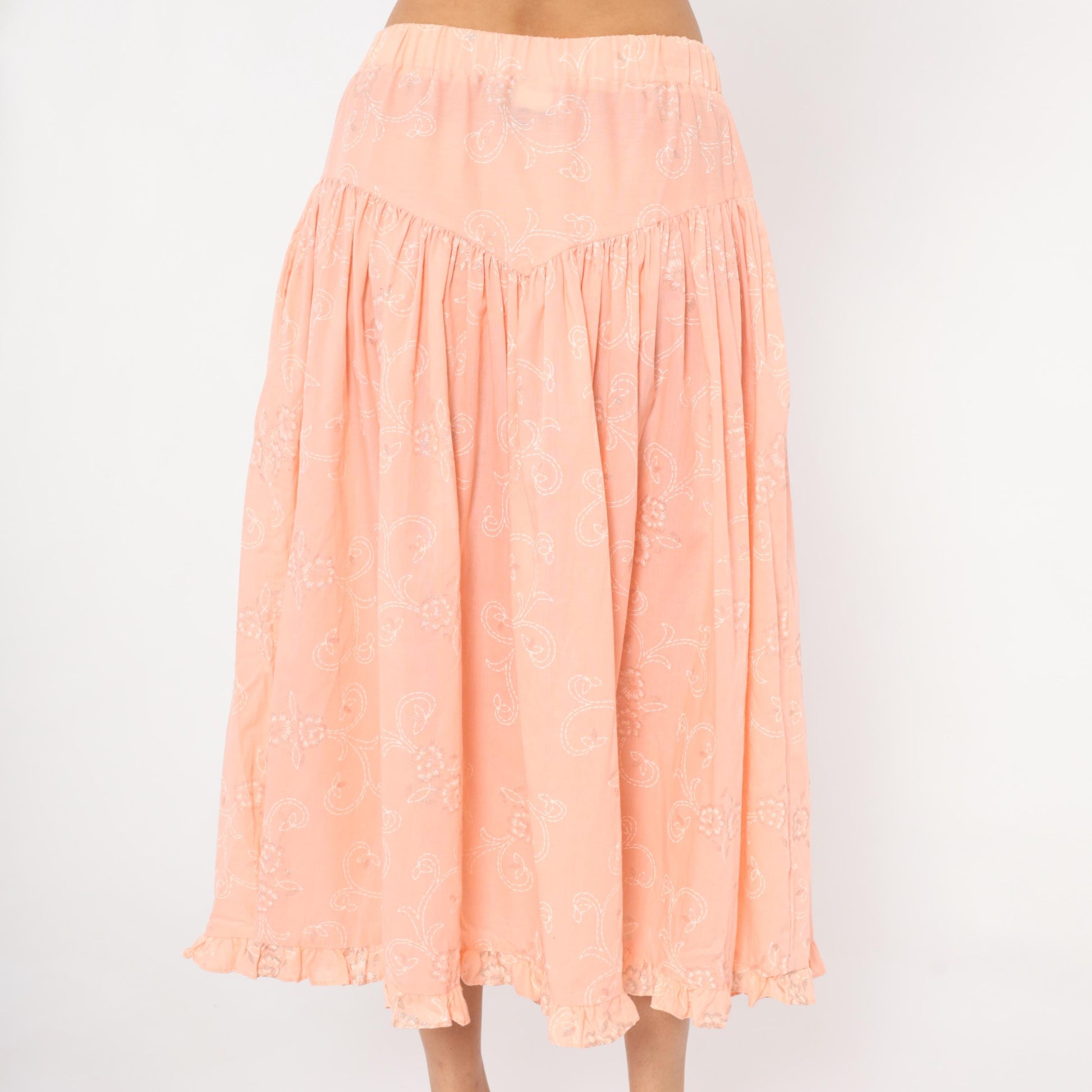90s California Connection Peach Floral Midi Skirt Ruffled Hem Medium M
