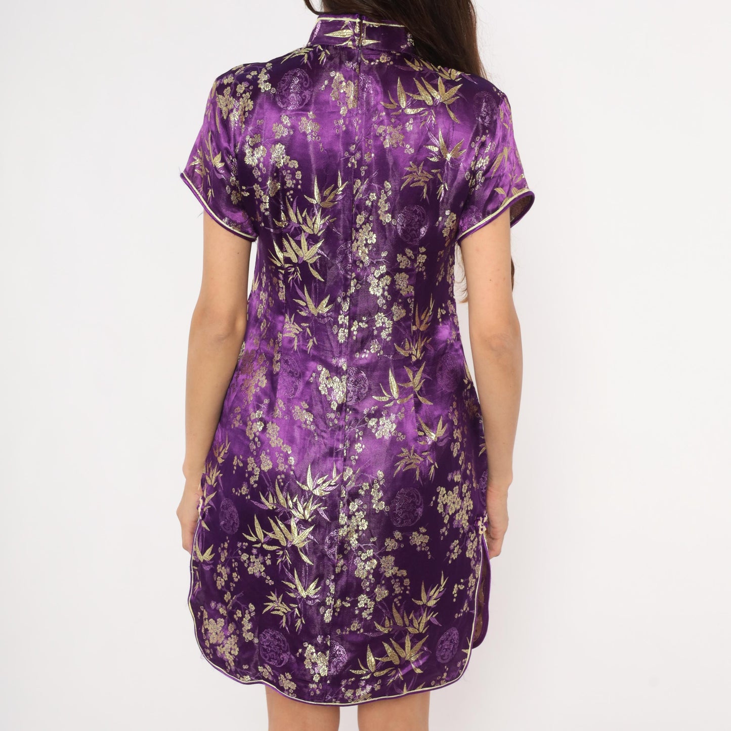 2000s Purple Gold Brocade Cheongsam Mandarin Collar Cap Sleeve Mini Small S