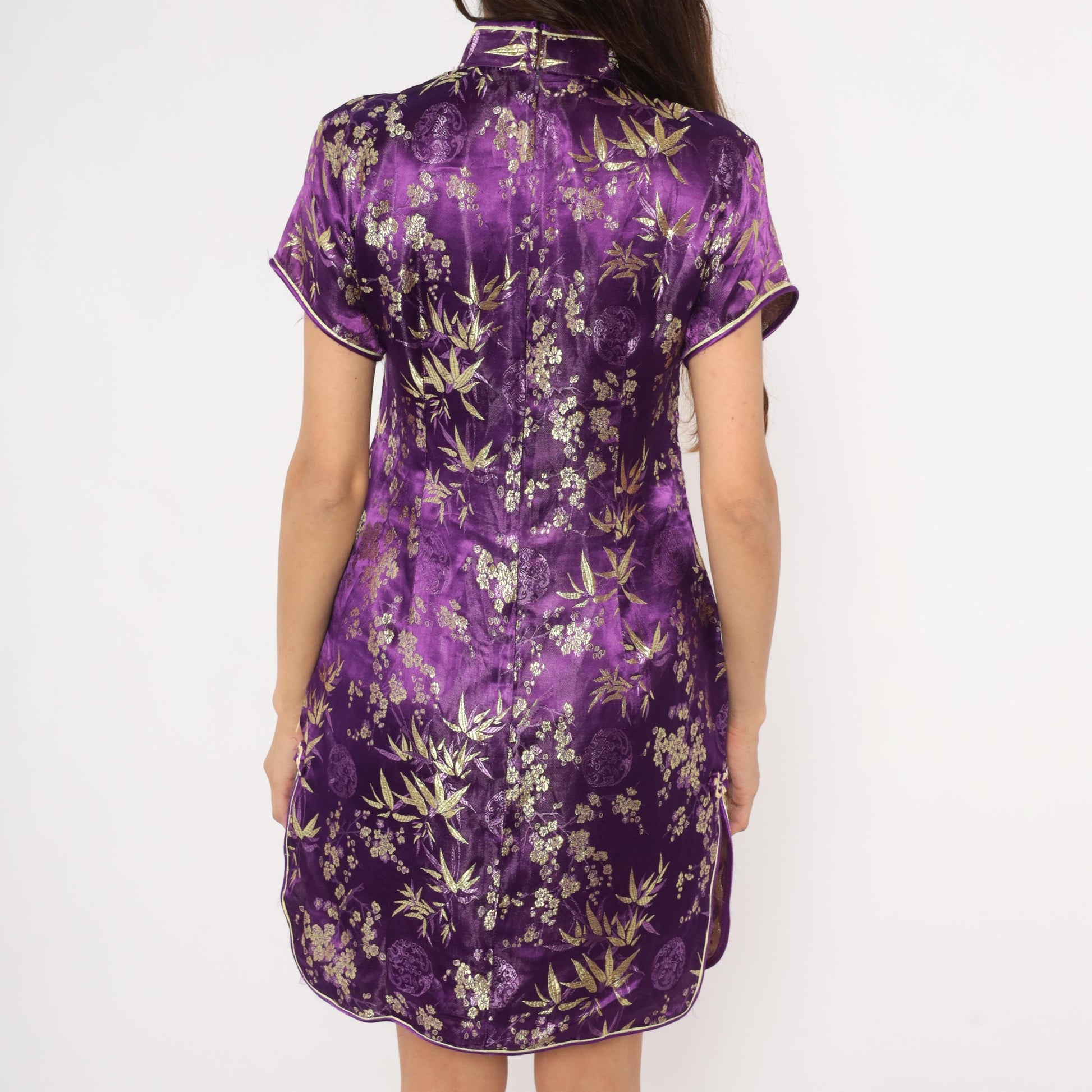 2000s Purple Gold Brocade Cheongsam Mandarin Collar Cap Sleeve Mini Small S