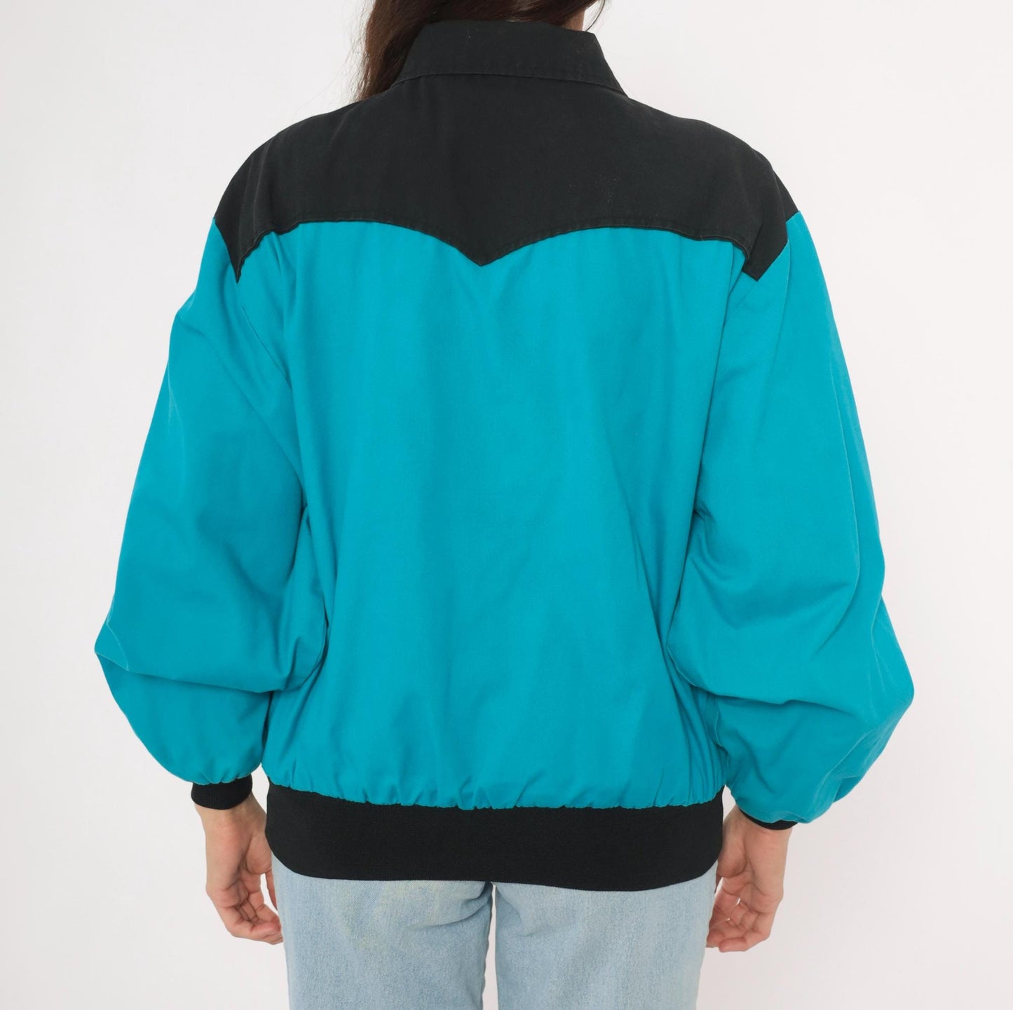 90s Santa Fe Trail Southwestern Bomber Jacket Teal Black Western Yoke Medium