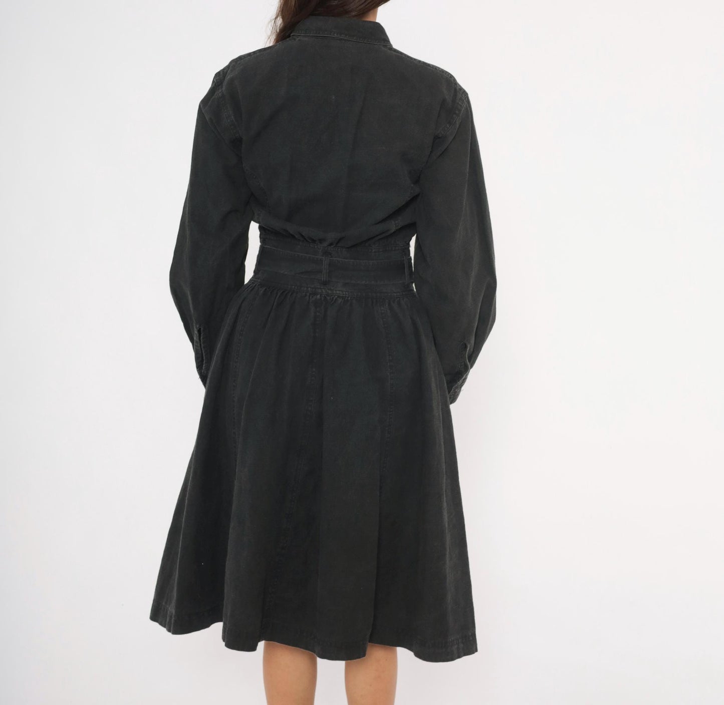 90s Gitano Black Denim Shirtdress Belted A-Line Gathered Skirt Medium M