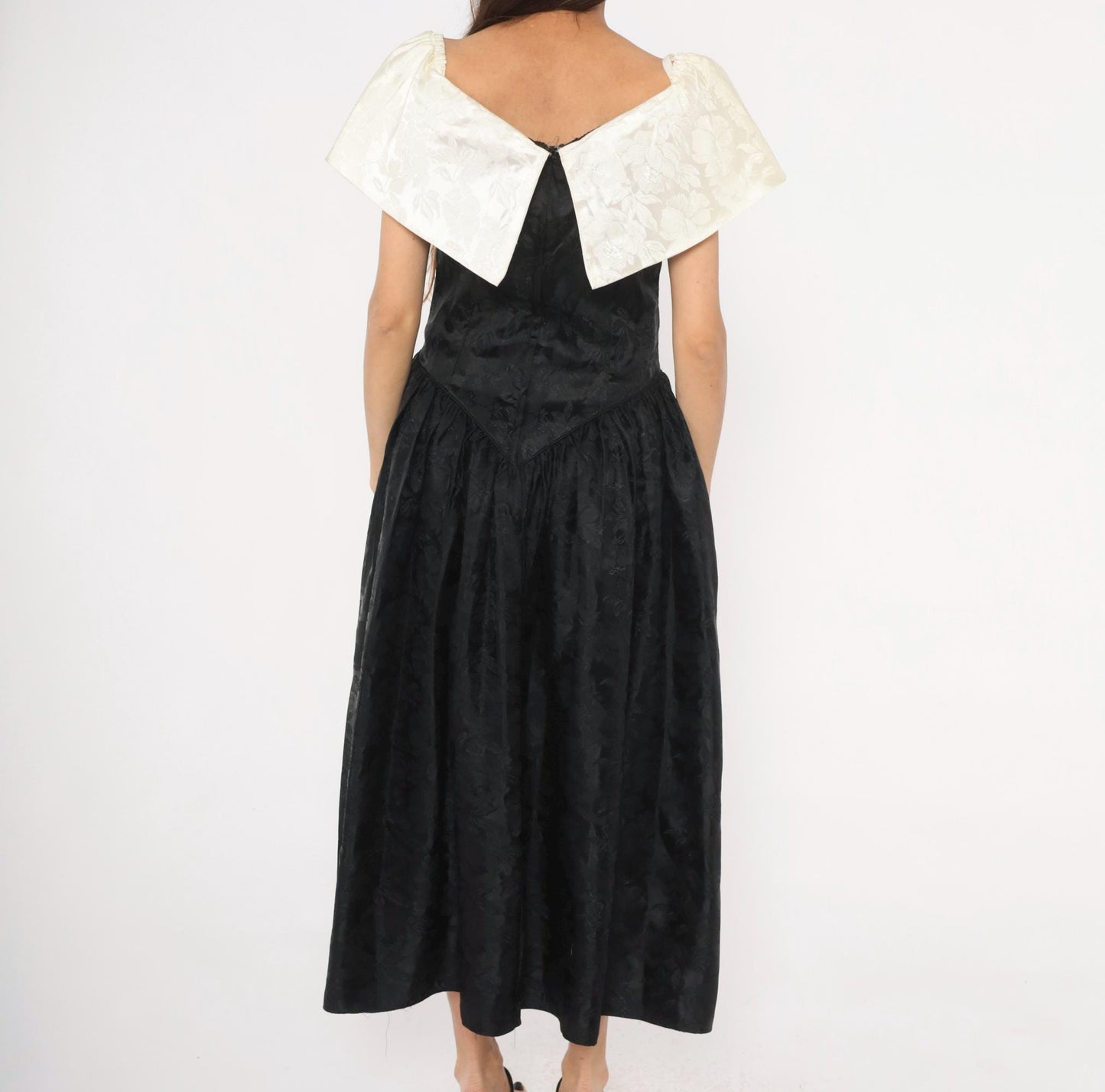90s Black Ivory Jacquard Off-Shoulder Evening Gown Basque Waist Large L
