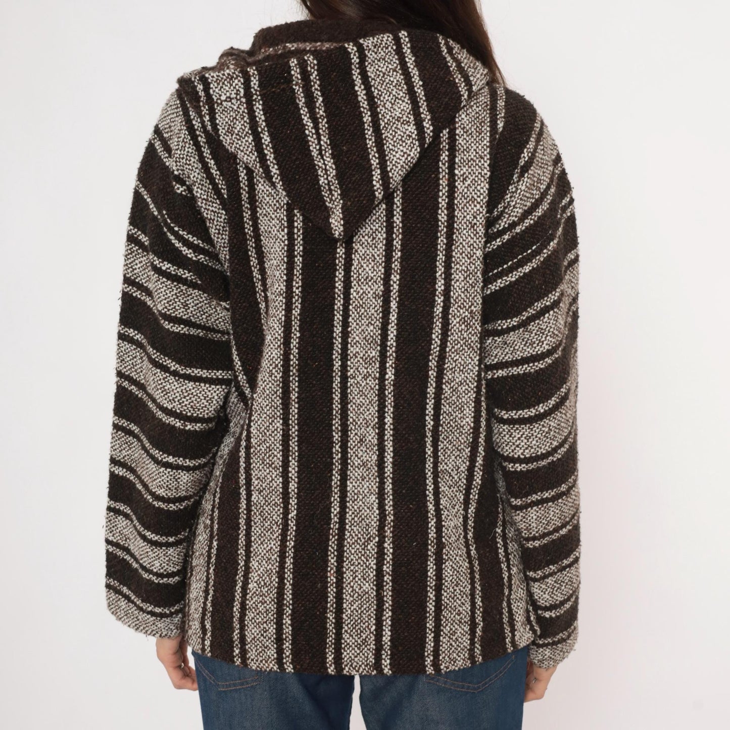 90s Sandy Baja Hoodie Brown White Striped Woven Pullover Medium