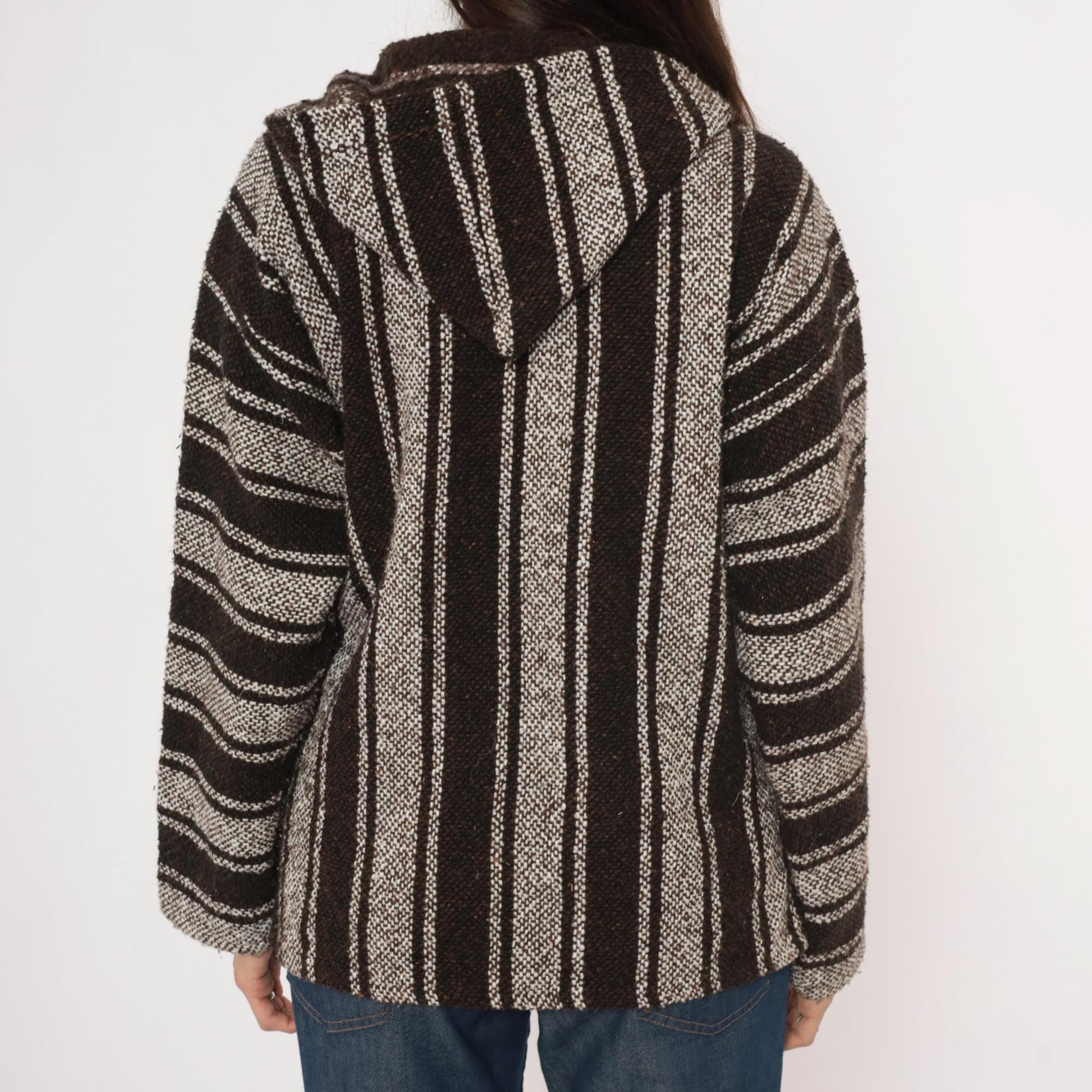 90s Sandy Baja Hoodie Brown White Striped Woven Pullover Medium